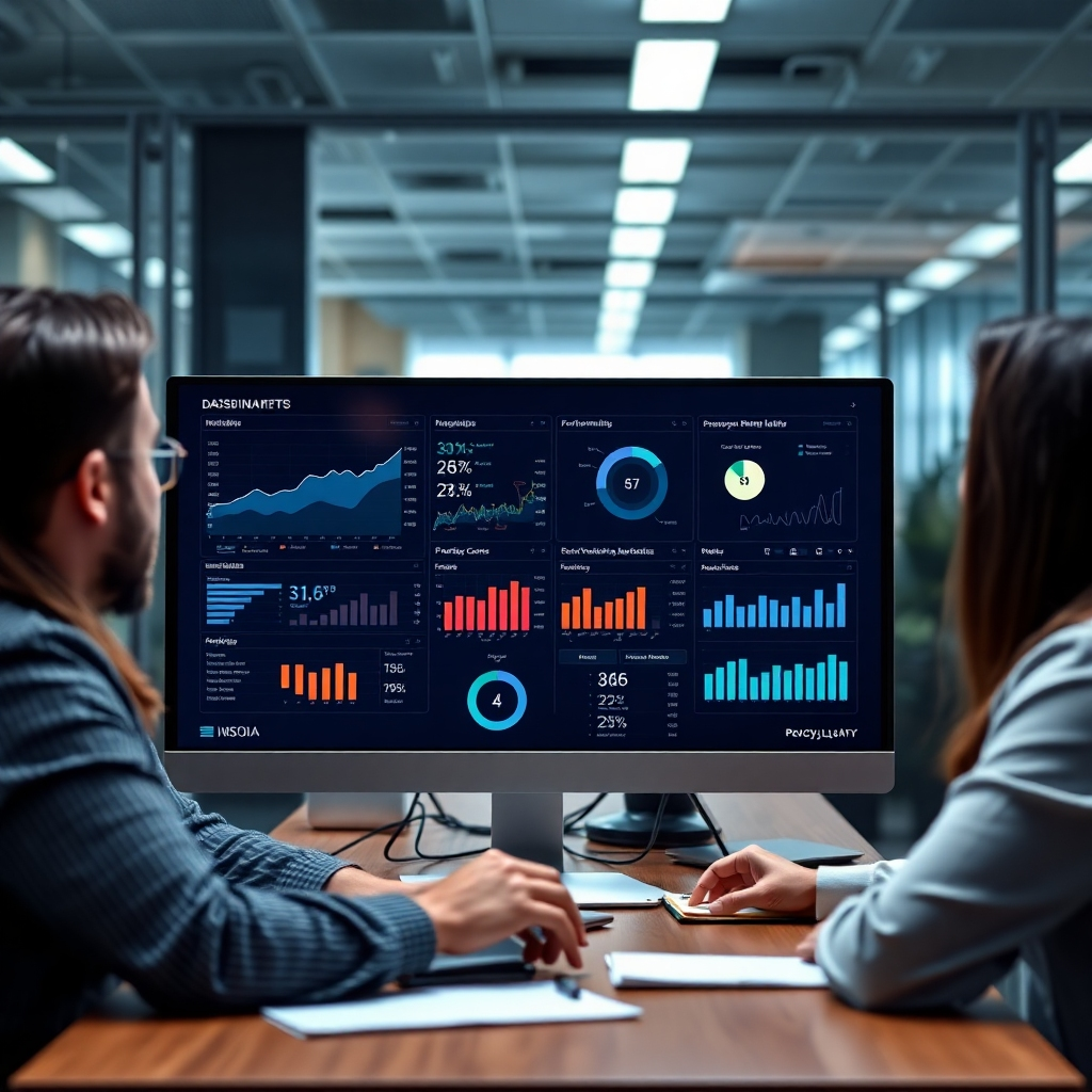Visualize a digital dashboard displaying performance metrics and insights analytics, with members of a team analyzing data closely. Use a dark mode design for the screen, surrounded by a well-lit modern office atmosphere. The image should be detailed with textures, showing reflections and screens in high quality.