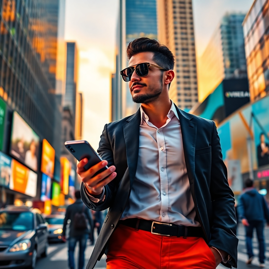 Visualize a dynamic cityscape showcasing urban life in a VUCA world. The image should feature a modern, stylish person dressed in business attire, confidently navigating the bustling streets with a smartphone in hand. The composition should include skyscrapers and digital billboards, bathed in bright, energetic colors, conveying a sense of movement and adaptability. The lighting should reflect a lively urban atmosphere during the golden hour, casting long shadows and highlighting city textures. The subject should appear empowered, representing modern professionals overcoming uncertainty, rendered in photorealistic style with 8K resolution.