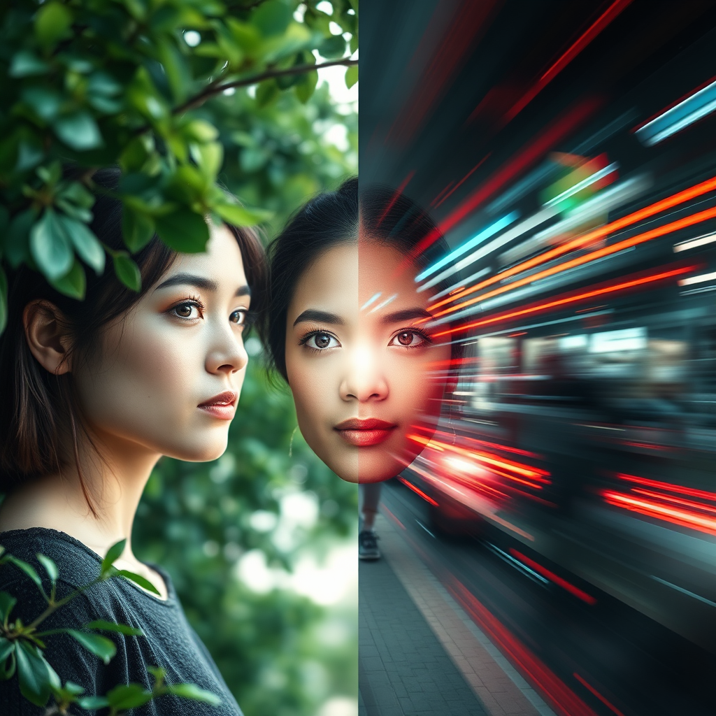 Visualize a split-image where one side showcases a serene portrait against a nature backdrop and the other displays urban life in motion. Each image represents contrasting themes, unified by a central light source. The overall palette includes calm greens and vibrant reds. Both environments should be vividly detailed, captured from a slightly angled perspective to create depth. This image should marry two contrasting worlds in a photorealistic manner, ensuring clarity and detail in each section, produced in 8K.