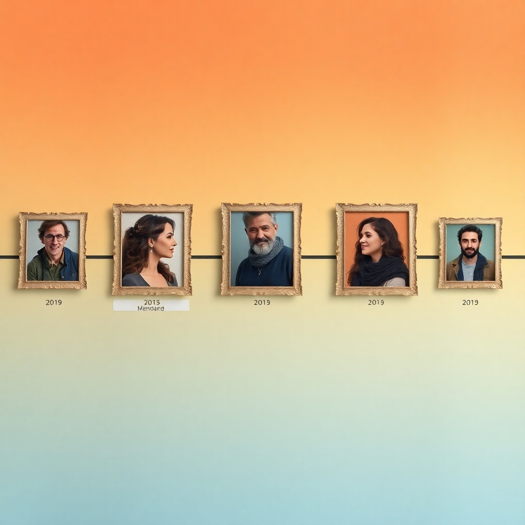 Visualize a timeline displaying a series of profile photos taken over the years. Each photo should reflect significant life changes, framed in unique styles and colors representing different periods. The background should be an elegant gradient that evolves from warm to cool tones, symbolizing the passage of time. Each frame should have detailed, textured edges, creating a scrapbook-like effect. The overall image should celebrate personal growth and the beauty of change over time, rendered in photorealistic style with 8K resolution.