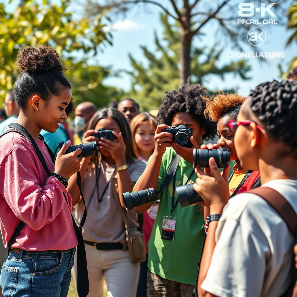Visualize an engaging community event where diverse individuals are participating in a photography workshop. Use bright colors to reflect excitement and creativity. Capture natural lighting outdoors, showcasing the participants interacting with each other and their cameras with enthusiasm. The angle should encompass the group dynamic, explaining their collaborative spirit. Ensure the image exhibits photorealistic quality, focusing on emotional expressions and interactions, rendered in 8K.