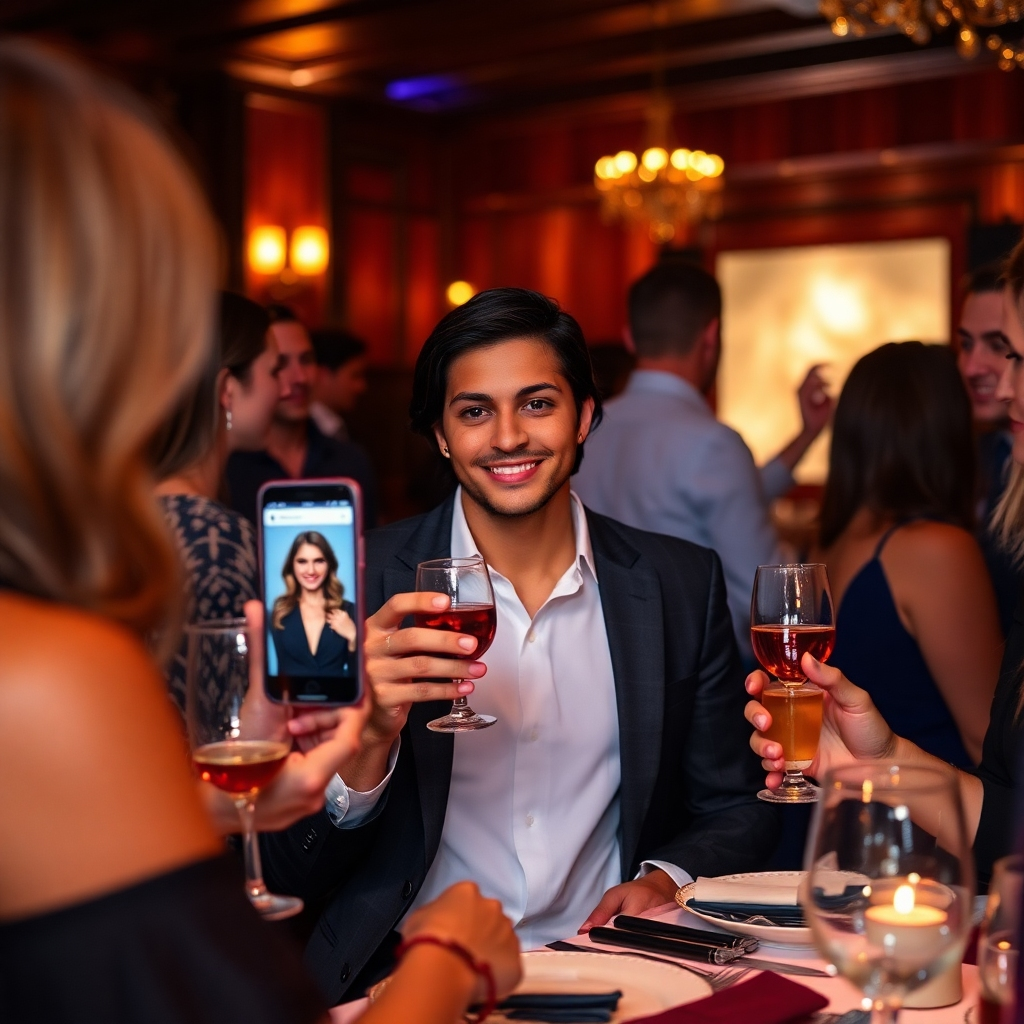 Visualize an engaging networking event where individuals are connecting over drinks. The focus should be on one person confidently presenting themselves with a refreshed profile photo on their smartphone. The setting should be sophisticated yet relaxed, with elegant decor and soft ambient lighting. The color palette should consist of rich jewel tones that enhance the evening atmosphere. Textures should include clothing fabrics and elegant table settings. This image should encapsulate the excitement of networking and the opportunities that come with new profile photos, rendered in photorealistic style with 8K resolution.