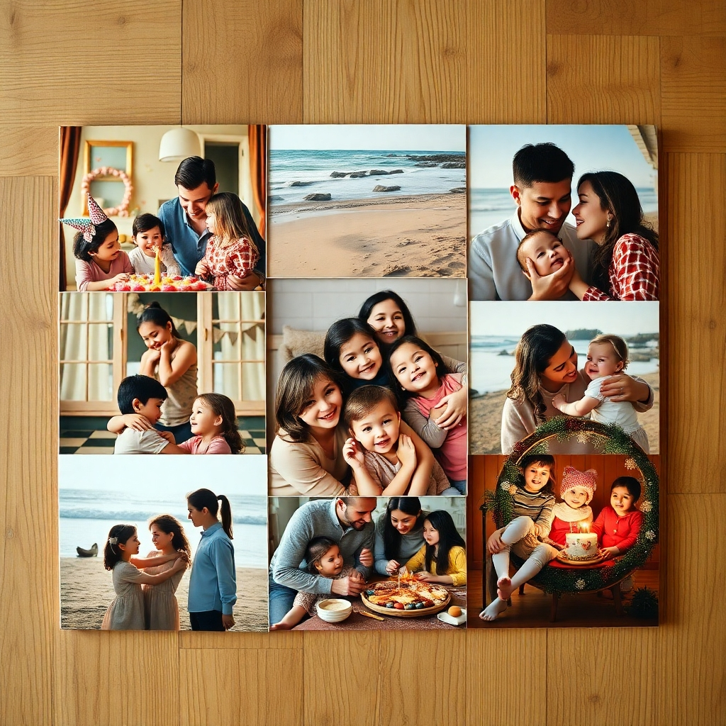  Eine wunderschöne Fotocollage, die verschiedene Familienmomente zeigt, darunter eine Geburtstagsfeier in der Kindheit, einen Familienurlaub am Strand und ein gemütliches Treffen in den Winterferien. Jedes Bild vermittelt tiefe Gefühle der Liebe und des Glücks, kunstvoll arrangiert auf einem Holzhintergrund.