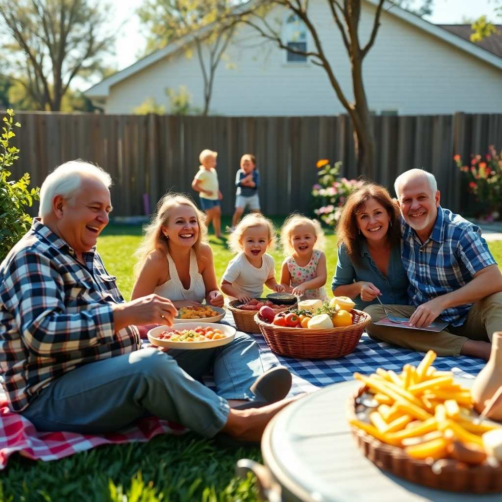Ein fröhliches Familientreffen in einem sonnigen Hinterhof, bei dem drei Generationen anwesend sind. Großeltern sitzen auf einer Picknickdecke, im Hintergrund spielende Kinder und ein Tisch voller köstlicher Speisen. Die Atmosphäre ist fröhlich und voller Lachen und spiegelt die Essenz familiären Zusammenseins wider.