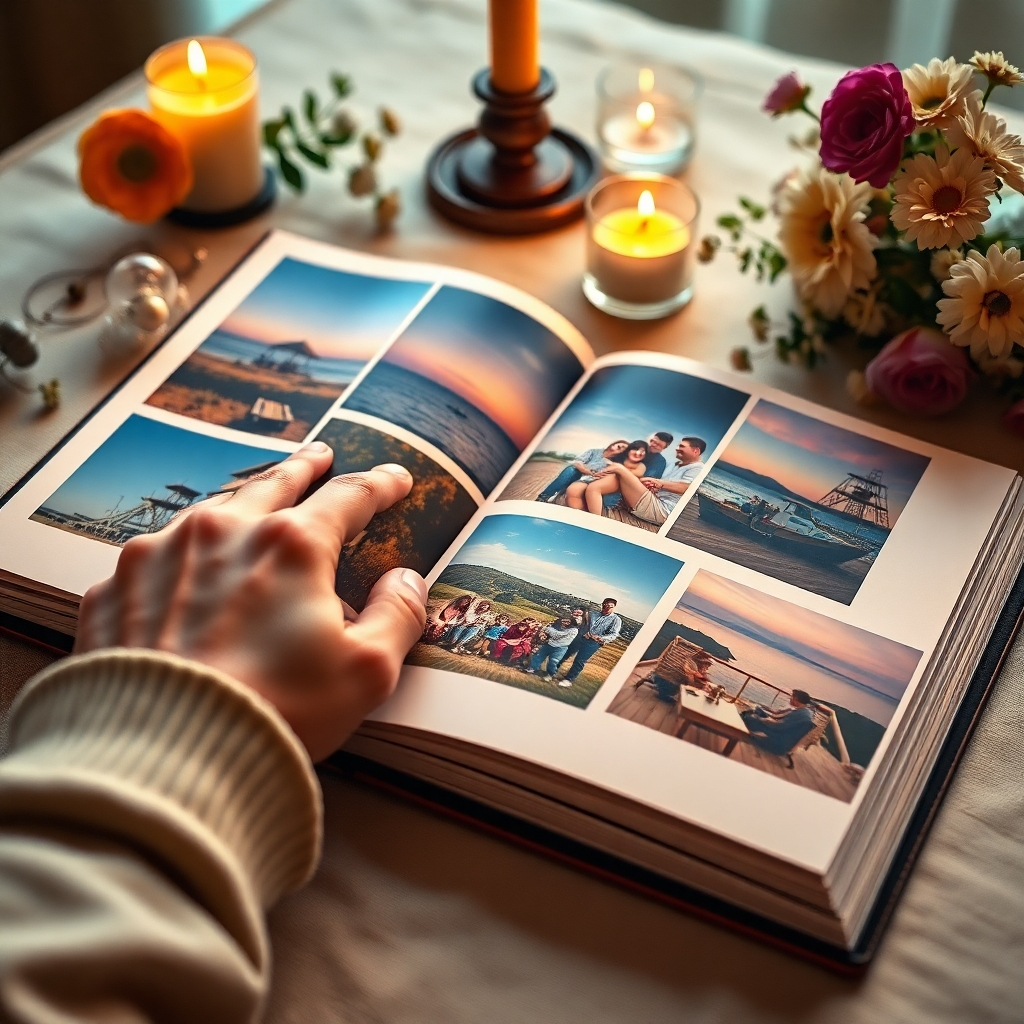 Eine Nahaufnahme eines auf einem Tisch ausgebreiteten Familienfotoalbums, in dem eine Hand auf ein geliebtes Bild eines Familienurlaubs zeigt. Die Bilder sind farbenfroh und haben eine nostalgische Ausstrahlung. Sie sind von dekorativen Gegenständen wie Blumen und Kerzen umgeben, die die Wärme der Erinnerungen verstärken.