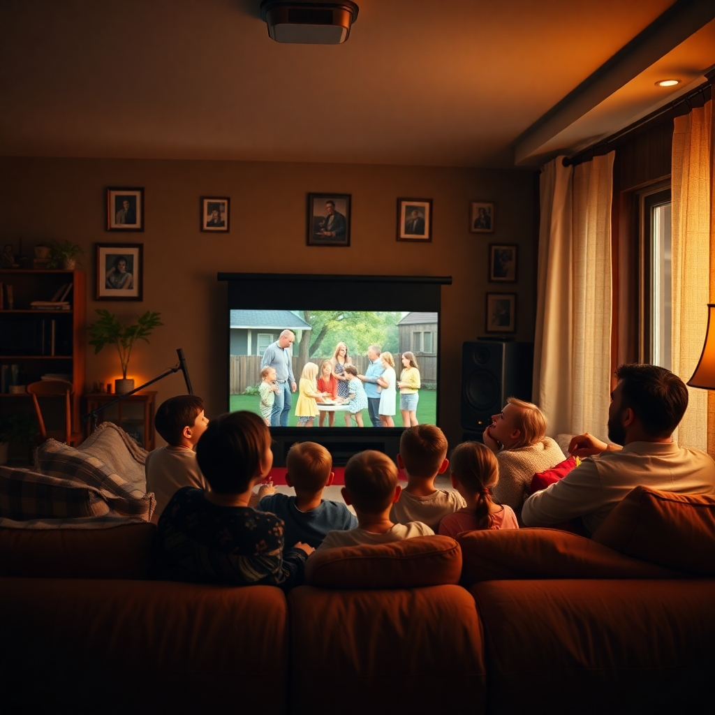 Eine Familie versammelt sich in einem gemütlichen Wohnzimmer und schaut sich gemeinsam auf einem Sofa alte Heimvideos an. Der Raum ist mit warmem Licht erfüllt, an den Wänden hängen Familienfotos und Kinder lachen beim Zuschauen. Ein Projektor zeigt eine nostalgische Szene von einer Gartenparty.