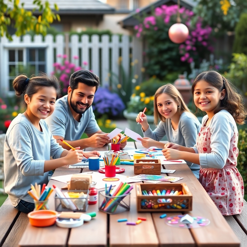 Eine vierköpfige Familie beschäftigt sich an einem Picknicktisch in ihrem Garten mit einem lustigen Bastelprojekt. Sie malen, schneiden Papier aus und lächeln. Um den Tisch herum stehen Bastelutensilien und farbenfrohe Dekorationen. Im Hintergrund ist ein wunderschöner Garten zu sehen, der Kreativität und Zusammenarbeit demonstriert.