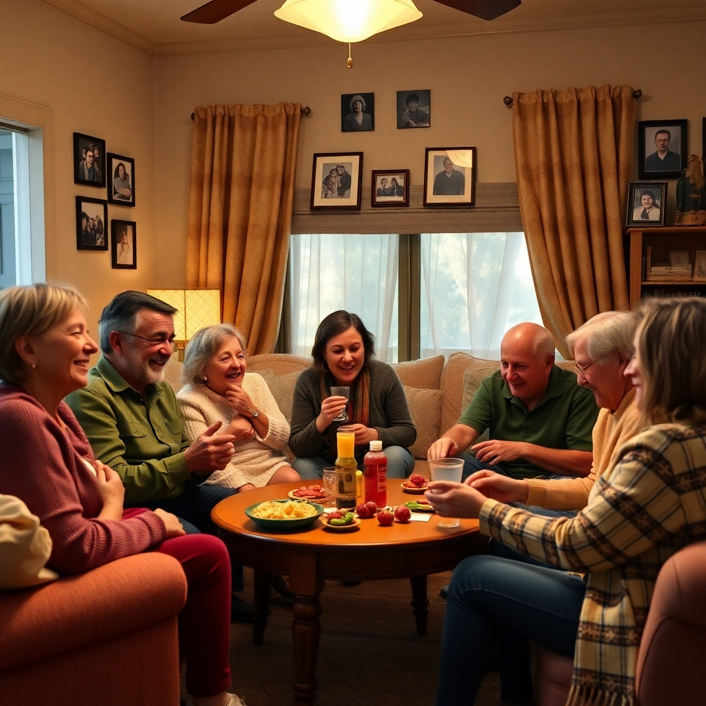  Ein herzerwärmendes Familientreffen in einem gemütlichen Wohnzimmer, bei dem mehrere Generationen zusammenkommen, Geschichten erzählen, lachen und Spiele spielen. Der Raum ist warm beleuchtet und an den Wänden hängen Familienfotos, die ein starkes Gefühl von Verbundenheit und Freude vermitteln.
