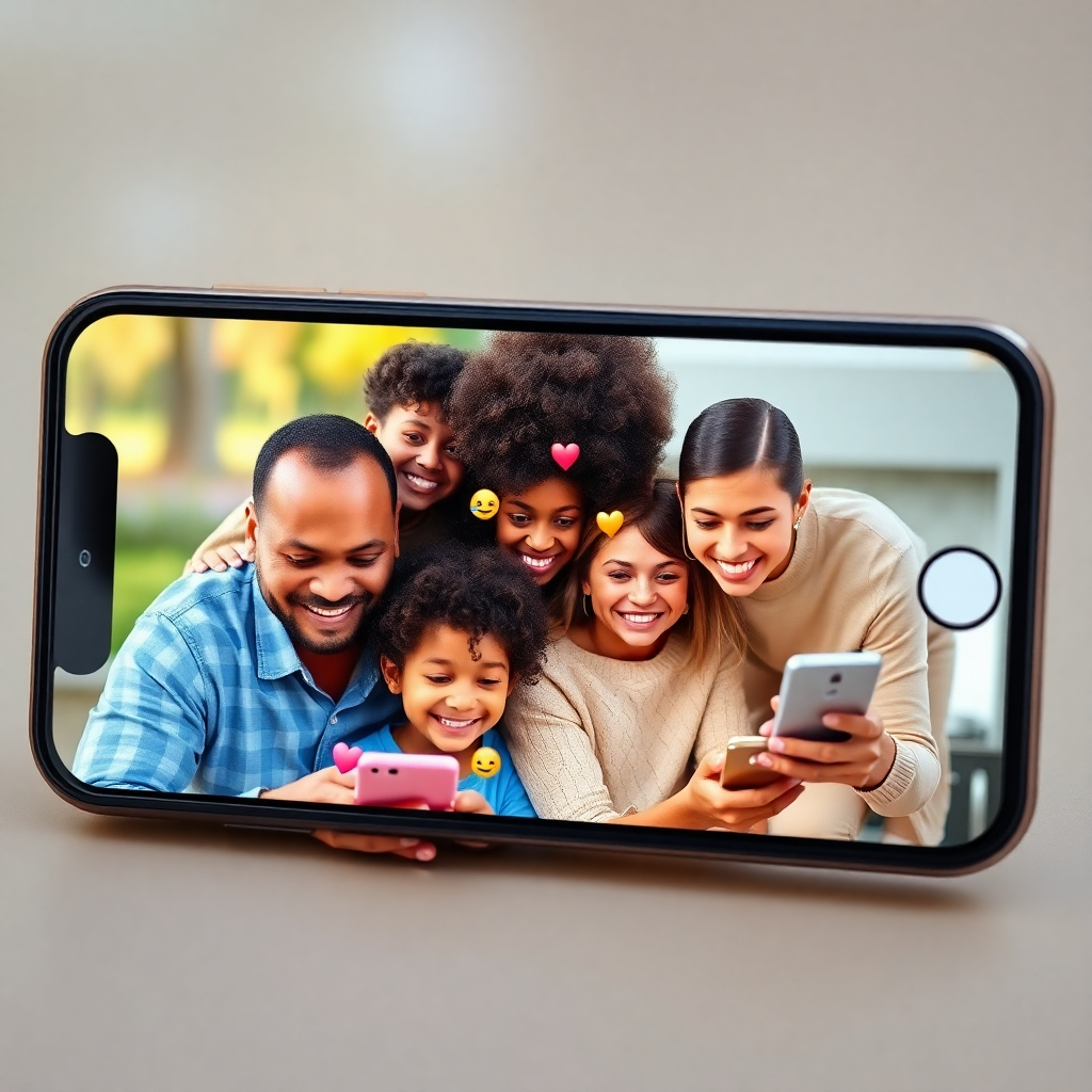 Ein Smartphone-Bildschirm, auf dem eine lebhafte Familien-Chatgruppe angezeigt wird. Fügen Sie eine Vielzahl farbenfroher Nachrichten, Emojis und Bilder ein, die im Chat geteilt werden. Zeigen Sie eine gemischte Gruppe lächelnder Familienmitglieder, die in unterschiedlichen Umgebungen, beispielsweise in einem Park oder in der Küche, mit ihren Handys interagieren.