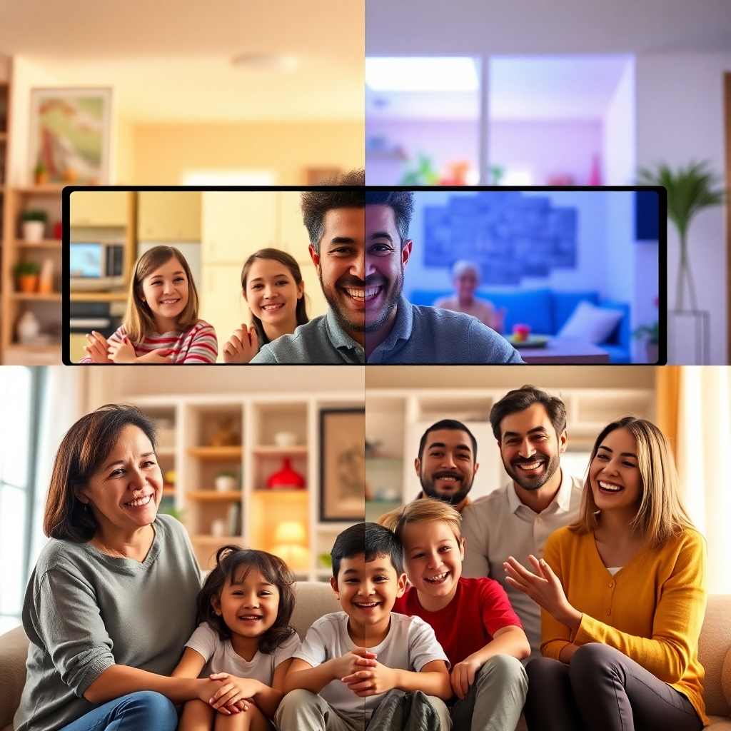  Ein geteiltes Bild, das auf der einen Seite einen Videoanruf zwischen Familienmitgliedern und auf der anderen Seite Familienmitglieder zeigt, die an einem lustigen Gruppenchat teilnehmen. Helle, farbenfrohe Hintergründe spiegeln unterschiedliche Häuser wider und zeigen Freude und Verbundenheit zwischen Familienmitgliedern trotz physischer Distanz.