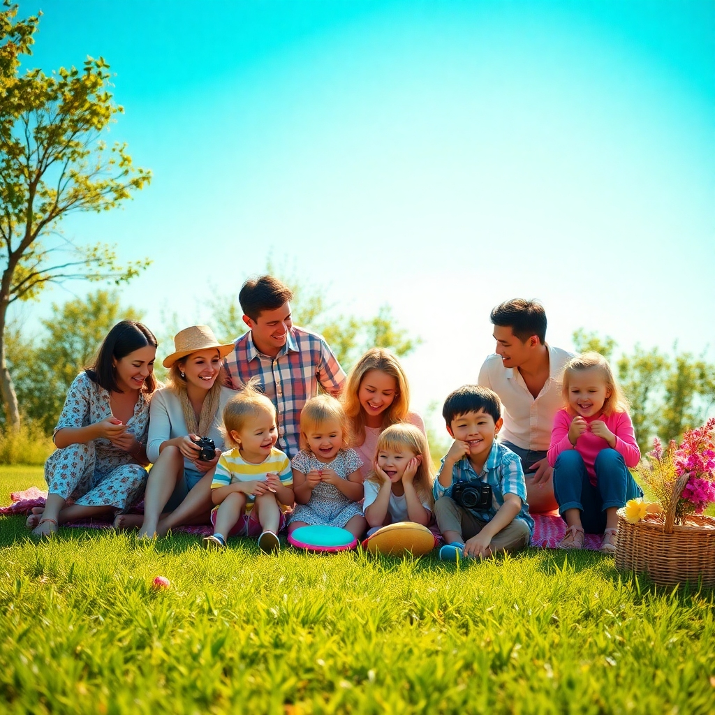 Erstellen Sie ein fotorealistisches, qualitativ hochwertiges Header-Bild, das ein Familientreffen darstellt. Im Vordergrund sollte eine vielfältige Gruppe von Familien, darunter Eltern und Kinder, zu sehen sein, die fröhlichen Aktivitäten nachgehen, wie Spiele spielen, Geschichten erzählen und ein Picknick auf einem üppigen, grünen Rasen unter einem klaren blauen Himmel genießen. Die Beleuchtung sollte warm und einladend sein und einen sonnigen Tag betonen, der Glück ausstrahlt. Verwenden Sie eine lebendige Farbpalette mit sanften Grüntönen, leuchtenden Gelbtönen und warmen Hauttönen, um Gefühle von Freude und Wärme hervorzurufen. Der Kamerawinkel sollte leicht erhöht sein und die Szene aus einer Perspektive einfangen, die die Familien bei der Interaktion zeigt, während im Hintergrund einige malerische Bäume und Blumen zu sehen sind. Fügen Sie Elemente wie eine Picknickdecke, ein Frisbee und eine Kamera ein, um Familienaktivitäten und spontane Momente zu symbolisieren. Die Textur sollte weich und einladend sein und auf eine gesunde Familienumgebung hindeuten. Stilreferenzen sollten von der Lifestyle-Fotografie inspiriert sein und das endgültige Bild sollte in 8K-Auflösung und hyperrealistischer Qualität vorliegen., ultrahohe Auflösung, fotorealistisch, 8K, hyperdetailliert, filmische Beleuchtung