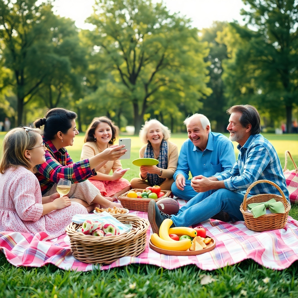 Erstellen Sie eine lebendige und lebhafte Szene, die eine Mehrgenerationenfamilie zeigt, die einen Tag im Freien in einem wunderschönen Park genießt. Die Komposition sollte Familienmitglieder unterschiedlichen Alters bei Aktivitäten wie Picknicken, Frisbee spielen und Fotografieren zeigen. Verwenden Sie weiches, diffuses Licht, das die fröhliche Atmosphäre unterstreicht und eine warme und einladende Stimmung erzeugt. Die Farbpalette sollte hell und fröhlich sein, mit Grün-, Blau- und warmen Erdtönen. Der Kamerawinkel sollte leicht erhöht sein, um einen guten Überblick über die Interaktion der Familie zu bieten. Die Texturen sollten die Weichheit des Grases, die Glätte der Picknickdecken und die leuchtenden Farben der Früchte und Snacks auf der Decke umfassen. Fügen Sie verschiedene Requisiten wie Picknickkörbe, Decken und einen Fußball hinzu. Der Hintergrund sollte üppige Bäume und einen klaren Himmel zeigen. Gestalten Sie es hyperrealistisch mit ultradetaillierten Elementen und sorgen Sie für eine 8K-Auflösung für atemberaubende Klarheit.