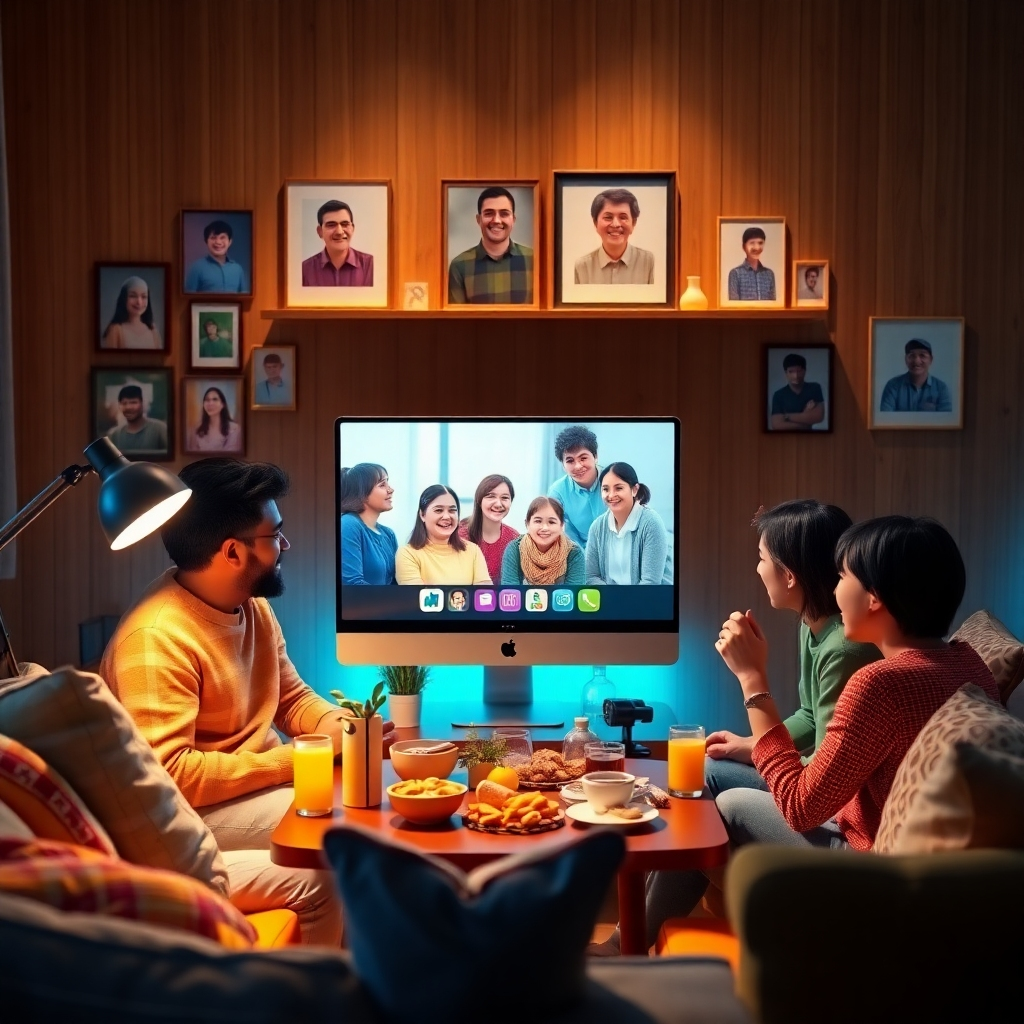 Entwerfen Sie eine lebendige und dynamische virtuelle Szene, die einen Familien-Videochat auf einem Computerbildschirm zeigt, umgeben von Fotos von Familie und Freunden an der Wand. Die Komposition sollte eine fünfköpfige Familie zeigen, die eifrig ein lebhaftes Videogespräch mit Verwandten auf dem Bildschirm führt. Verwenden Sie dramatisches Seitenlicht einer Schreibtischlampe, um Tiefe und Kontrast in der Szene zu erzeugen. Die Farbpalette sollte helle Blau-, Grün- und warme Weißtöne für eine erheiternde Atmosphäre enthalten. Positionieren Sie die Kamera leicht nach unten geneigt, um den Computerbildschirm hervorzuheben, während die Familie um einen gemütlichen Tisch mit Snacks sitzt. Die Texturen sollten die glänzende Oberfläche des Computerbildschirms, die Weichheit der Kissen und die einladende Wärme der Holzmöbel zur Geltung bringen. Fügen Sie Elemente wie Getränke und lustige Dekorationen auf dem Tisch sowie Familienporträts an den Wänden hinzu, um die Umgebung zu personalisieren. Achten Sie auf einen hyperrealistischen Stil mit ultradetaillierter Ausgabe und zielen Sie auf eine 8K-Auflösung für beeindruckende Klarheit.