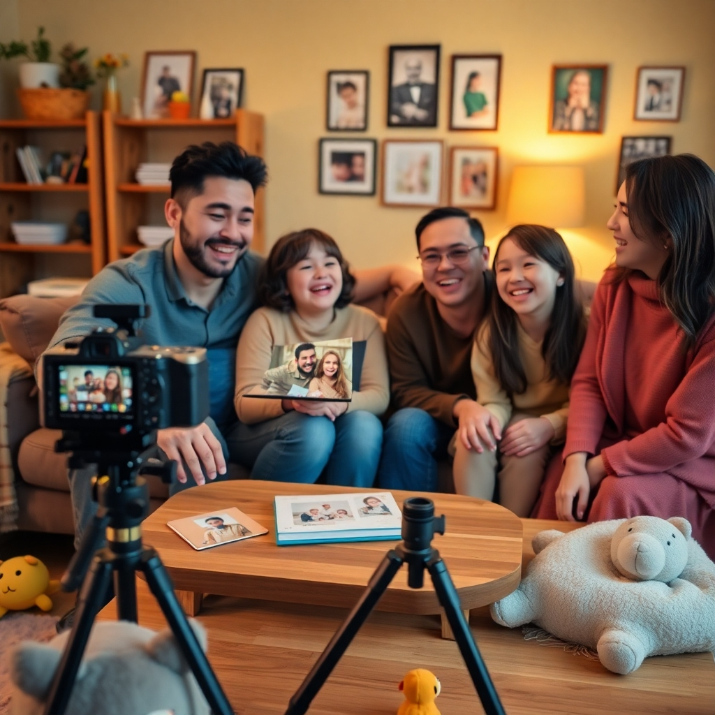 Erstellen Sie eine emotionale und herzerwärmende Szene mit einer Familie, die sich in einem gemütlichen Wohnzimmer um eine Kamera versammelt und gemeinsam lustige Momente festhält. Die Komposition sollte sich auf eine vierköpfige Familie konzentrieren, die lacht und miteinander interagiert, während sie eine Videobotschaft aufnimmt. Verwenden Sie warmes und weiches Licht, um eine freundliche, intime Atmosphäre zu schaffen. Die Farbpalette sollte aus warmen Gelbtönen, weichen Brauntönen und einem Hauch von Pastellfarben bestehen. Positionieren Sie die Kamera auf Augenhöhe, um die Ausdrücke jedes Familienmitglieds lebendig einzufangen. Die Texturen sollten den Plüschstoff des Sofas, die glatte Oberfläche eines hölzernen Couchtischs und verstreute Spielsachen umfassen. Fügen Sie Requisiten wie eine kleine Kamera auf einem Stativ, Familienfotoalben und dekorative Gegenstände im Hintergrund hinzu. Die Kulisse sollte ein heimeliges Gefühl vermitteln und mit Familienfotos an der Wand dekoriert sein. Rendern Sie in einem hyperrealistischen Stil mit ultradetaillierten Funktionen und stellen Sie eine 8K-Auflösung für maximale Klarheit sicher.
