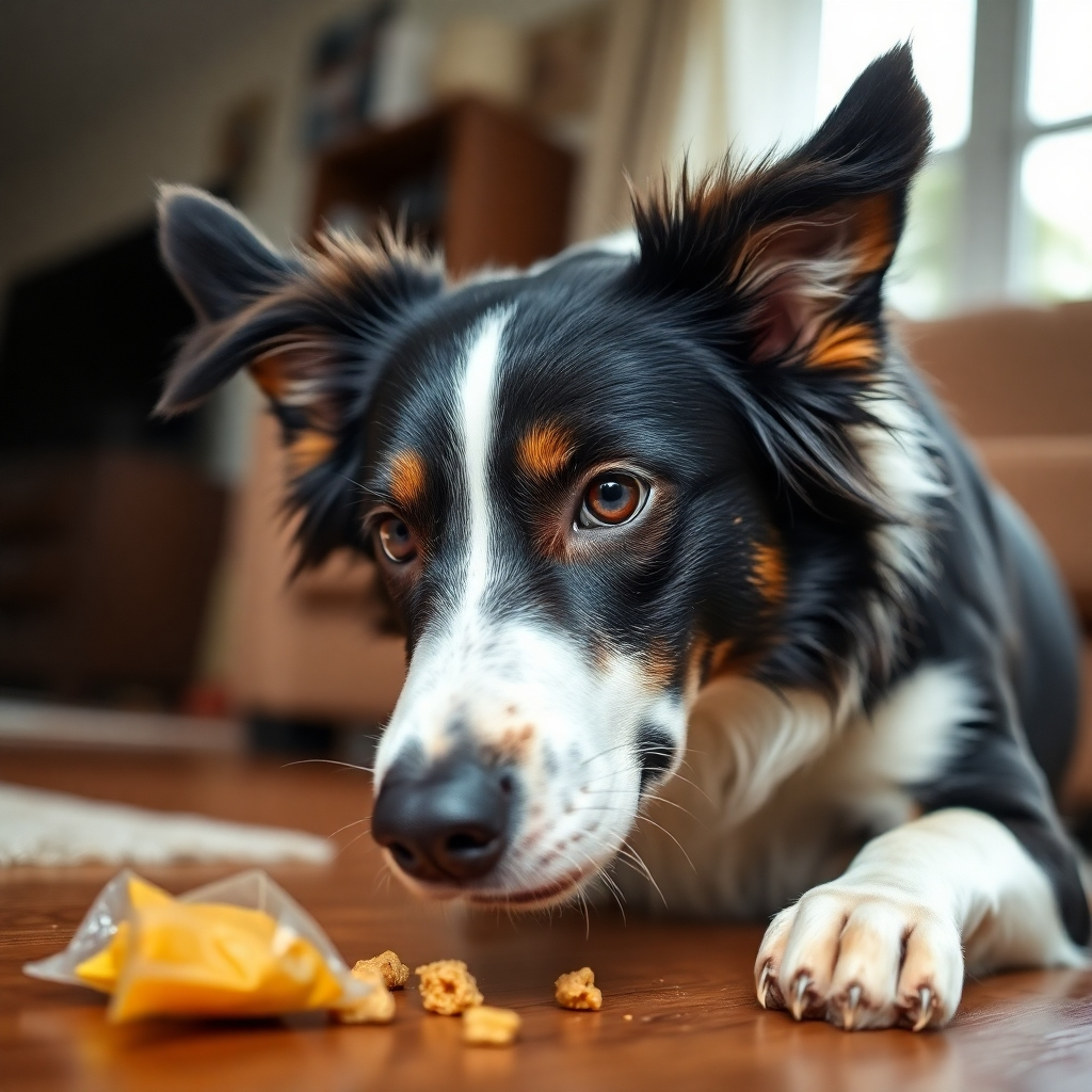 A Border Collie intensely sniffing around a living room, searching for a hidden treat.  The background is slightly blurred to focus on the dog. Photorealistic image, sharp focus on the dog's face and nose, natural lighting.