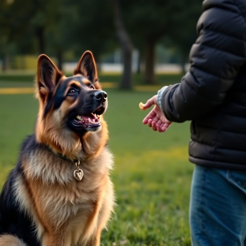 A German Shepherd attentively looking at its owner during a training session.  The owner is holding a treat. They are in a park with green grass and trees in the background. Photorealistic style, warm lighting, high resolution, detailed fur texture.