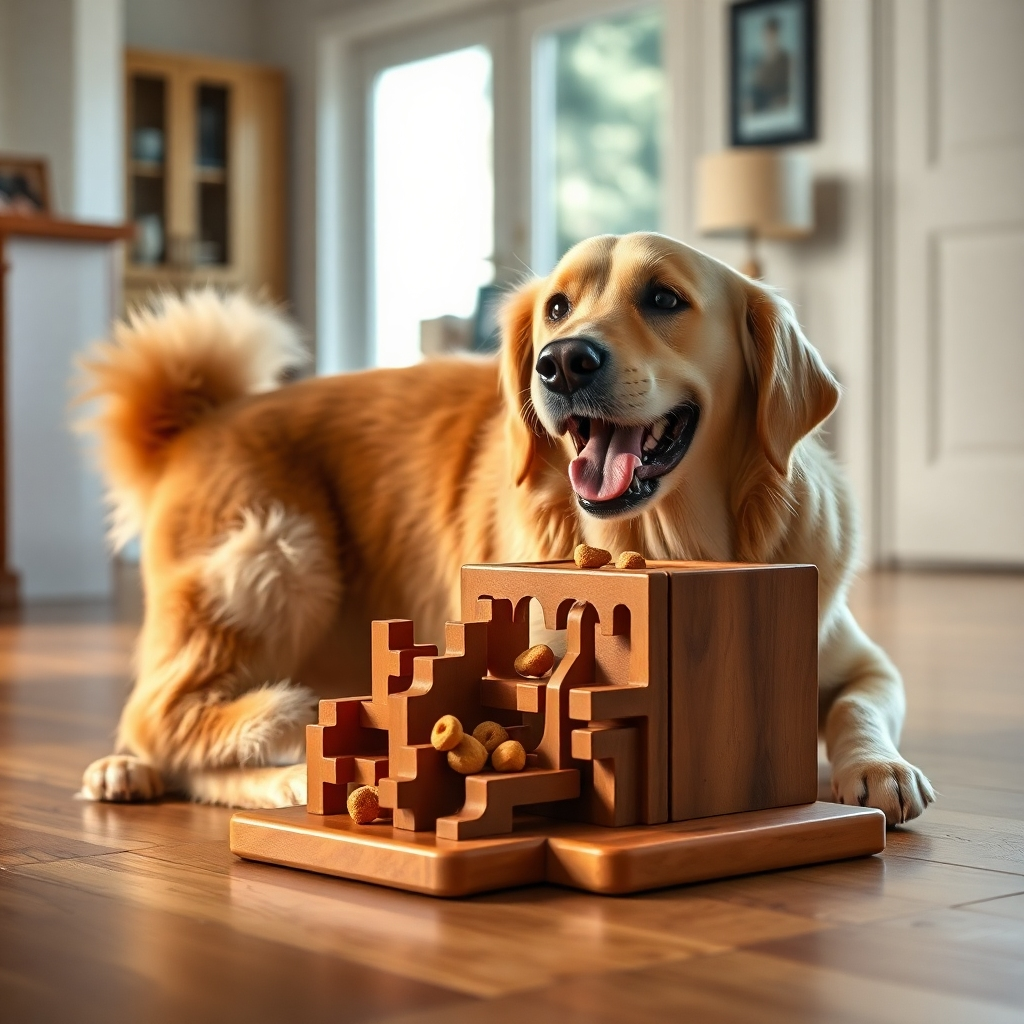 A Golden Retriever happily engaging with a complex puzzle toy, dispensing treats. The dog is in a brightly lit room with hardwood floors, showing a clear focus on the puzzle. Photorealistic style, high resolution, detailed textures.