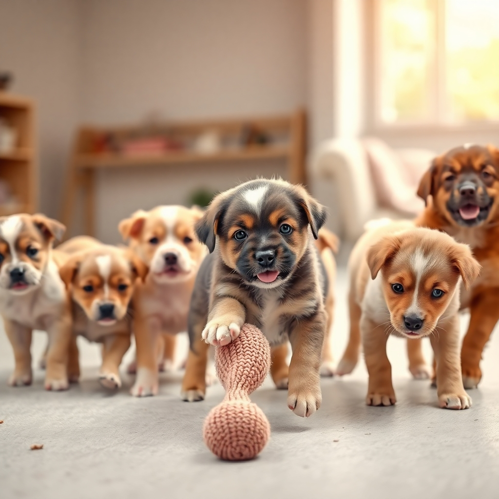 A photorealistic image, 8k resolution, in the style of a heartwarming family portrait.  A group of puppies of various breeds playfully interact in a brightly lit, spacious indoor play area. Soft, diffused lighting, creating a warm, inviting atmosphere.  The color palette is soft and pastel, focusing on the unique colors and textures of each puppy's fur. The puppies are engaged in playful interaction: some are chasing each other, some are gently playing tug-of-war with a plush toy, while others are curiously exploring their surroundings.  Shallow depth of field, focusing on the adorable puppies with the background gently blurred, perhaps showing dog toys or soft fabrics.  The image needs to highlight the soft textures of the puppies' fur, capturing the innocence and playful energy.  The focus should be on their interactions, demonstrating socialization and positive behavior.  The overall mood is joyous and uplifting. Camera angle at their eye level to showcase their expressiveness.