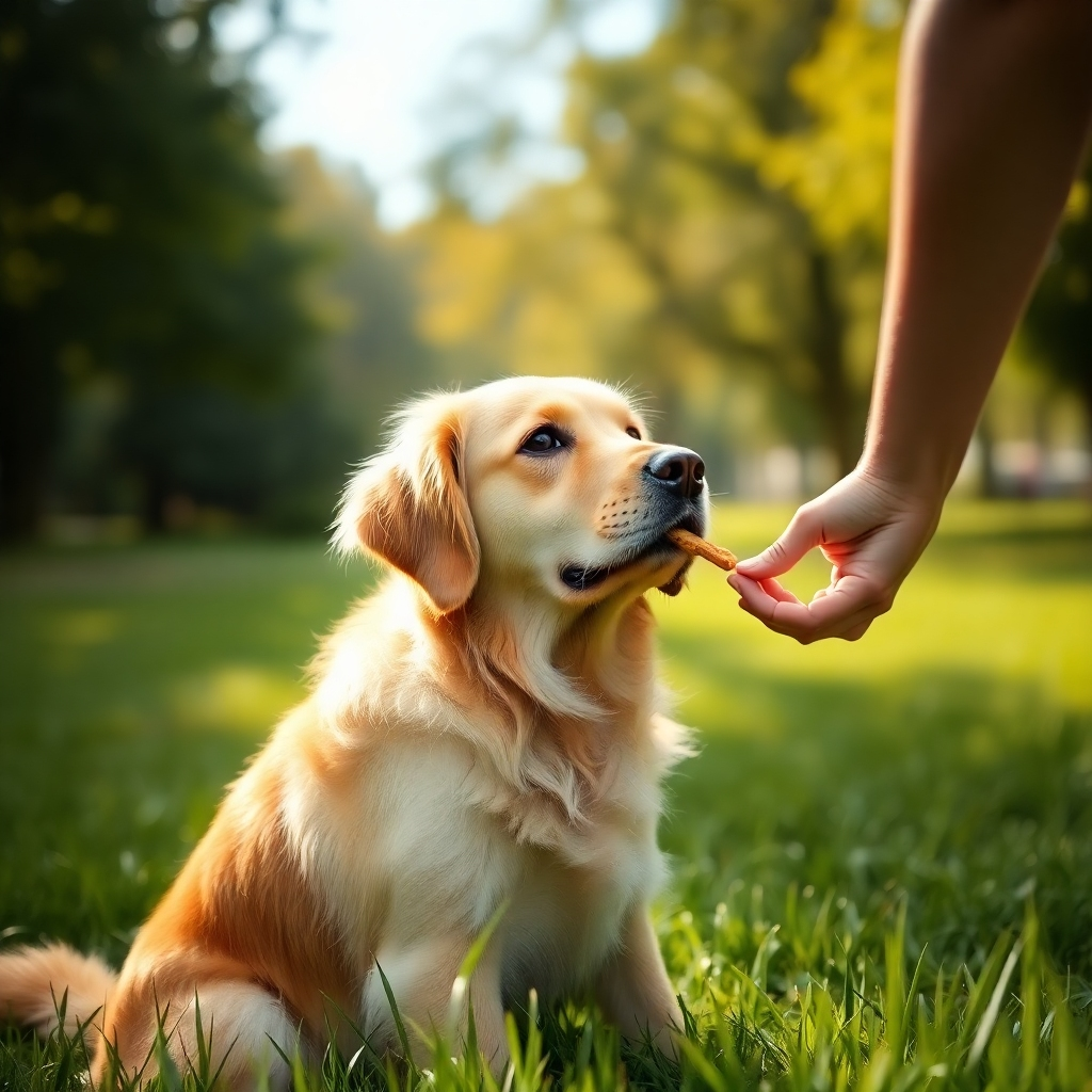 A photorealistic image, 8k resolution, hyperrealistic detail.  A golden retriever sits attentively, eyes focused on its owner, in a sun-dappled park setting. Soft diffused lighting, warm color palette conveying a feeling of calmness and trust.  The owner's hand gently holds a treat, and the dog's posture is relaxed yet alert.  Shallow depth of field, focusing sharply on the dog and owner's interaction.  The background is slightly blurred, showcasing lush green grass and vibrant foliage.  The scene captures a moment of calm, positive reinforcement training, showcasing the bond between dog and owner.  Texture details should include the soft fur of the dog and the slightly rough texture of the grass. The style should emulate the work of Steve McCurry, focusing on capturing a genuine moment of connection. Camera angle from a slightly low perspective, making the dog appear slightly larger than life.
