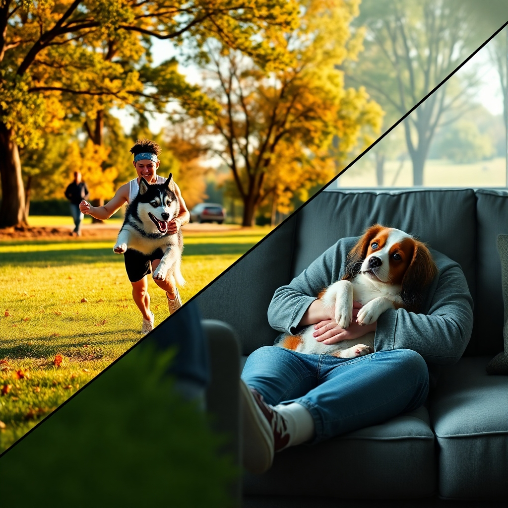 A photorealistic image depicting two contrasting scenes: one showing a high-energy athlete actively playing fetch with a Siberian Husky in a park, the other showing a relaxed person cuddling a Cavalier King Charles Spaniel on a comfortable couch indoors.  Both images should emphasize the harmonious match between dog and owner's energy levels.