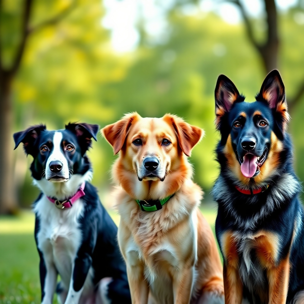 A photorealistic image depicting three dogs of different breeds – a Border Collie, a Golden Retriever, and a German Shepherd – sitting attentively, each with a different colored training collar, against a blurred background of a lush green park. The lighting should be soft and natural, highlighting the dogs' expressive eyes and focused postures.  The image should evoke a sense of calm attentiveness and readiness to learn.