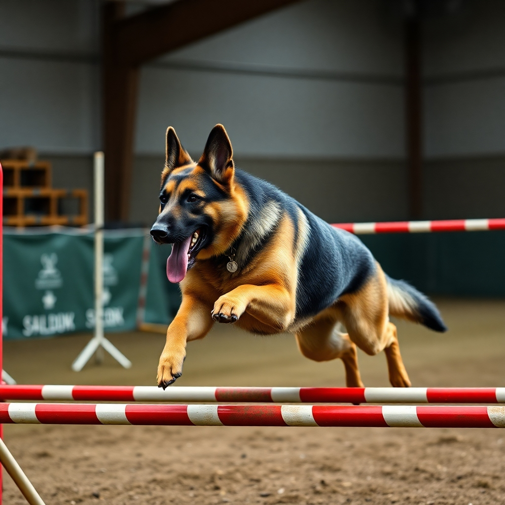 A photorealistic image of a German Shepherd showcasing its remarkable obedience and agility, perhaps jumping over a hurdle or navigating a complex obstacle course. The image should highlight the dog's athleticism, intelligence, and unwavering focus on its handler, emphasizing the strong bond between them. The setting could be a professional training facility or a natural outdoor environment.