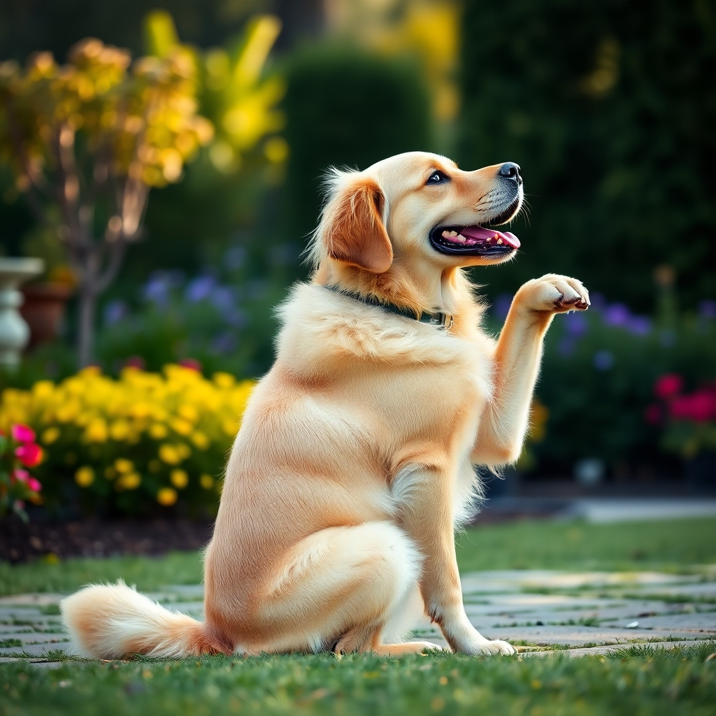 A photorealistic image of a Golden Retriever gracefully performing a complex obedience maneuver, such as a flawless sit-stay, in a beautifully landscaped garden. The dog should appear relaxed and confident, with its tail wagging slightly, demonstrating excellent training. The background should be softly blurred, emphasizing the dog and its handler.