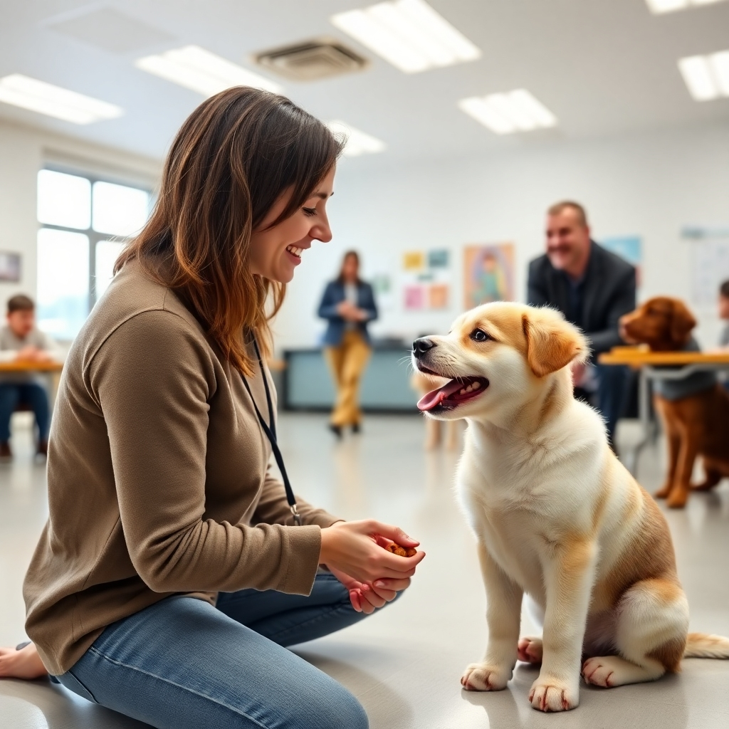 A photorealistic image of a puppy in a brightly lit, spacious training classroom, happily interacting with its owner during a training session.  The focus should be on positive reinforcement, showing the owner rewarding the puppy with treats and praise. Other puppies and owners should be visible in the background, creating a friendly and encouraging learning environment. The overall feeling should be cheerful and optimistic.