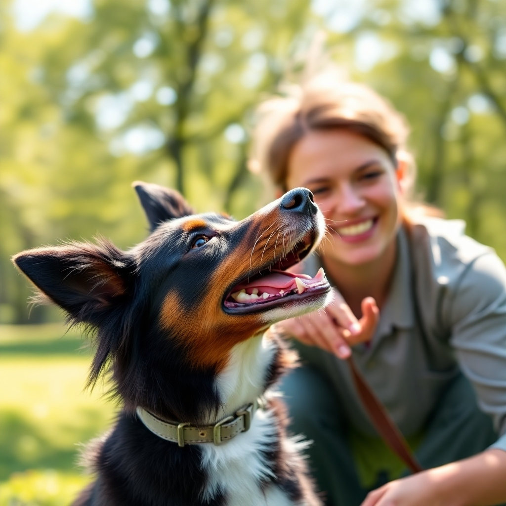 A photorealistic image of a young, energetic Border Collie intensely focused on its owner during an obedience training session in a lush green park. The dog should be wearing a stylish training collar, and the owner should be using positive reinforcement techniques, with a happy expression.  The lighting should be natural and bright, creating a cheerful, dynamic atmosphere.