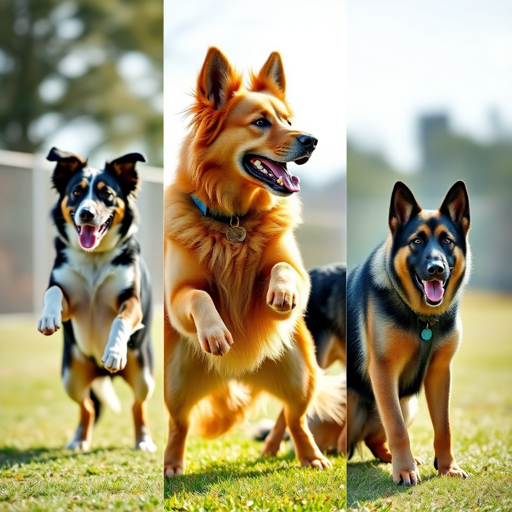 A photorealistic image showcasing three different dog breeds: a Border Collie, a Golden Retriever, and a German Shepherd. Each dog should be shown in a separate frame, actively engaged in a training exercise that highlights their breed's common strengths; the Border Collie in agility, the Golden Retriever in obedience, and the German Shepherd in protection work. The background should be a bright, outdoor setting.