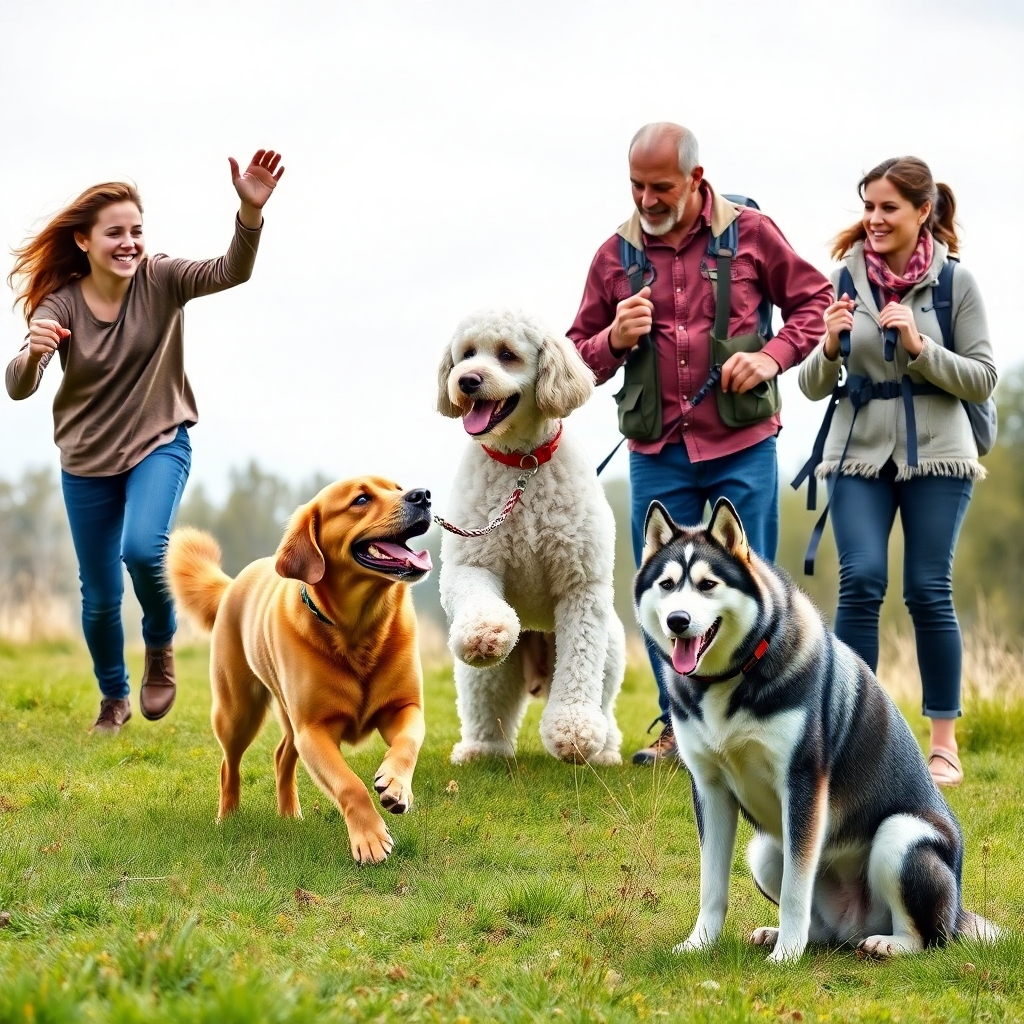 A photorealistic image showing diverse people interacting with various dog breeds. A young, energetic person is playing fetch with a Labrador Retriever, an older couple is calmly training a Poodle, and a single person is hiking with a Siberian Husky. The image should portray a variety of breeds and people, highlighting a harmonious relationship between dogs and their suitable owners.