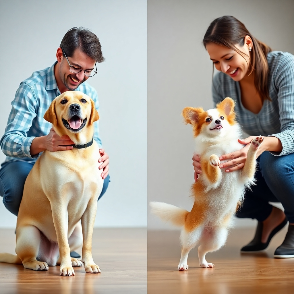A split image: one side shows a novice dog owner successfully teaching a Labrador Retriever a simple 'sit' command, while the other side shows an experienced handler working with a highly energetic, intelligent breed like a Papillon, performing a complex trick. Both dogs and owners appear happy and focused. The image should highlight the difference in training complexity and the owners' proficiency.