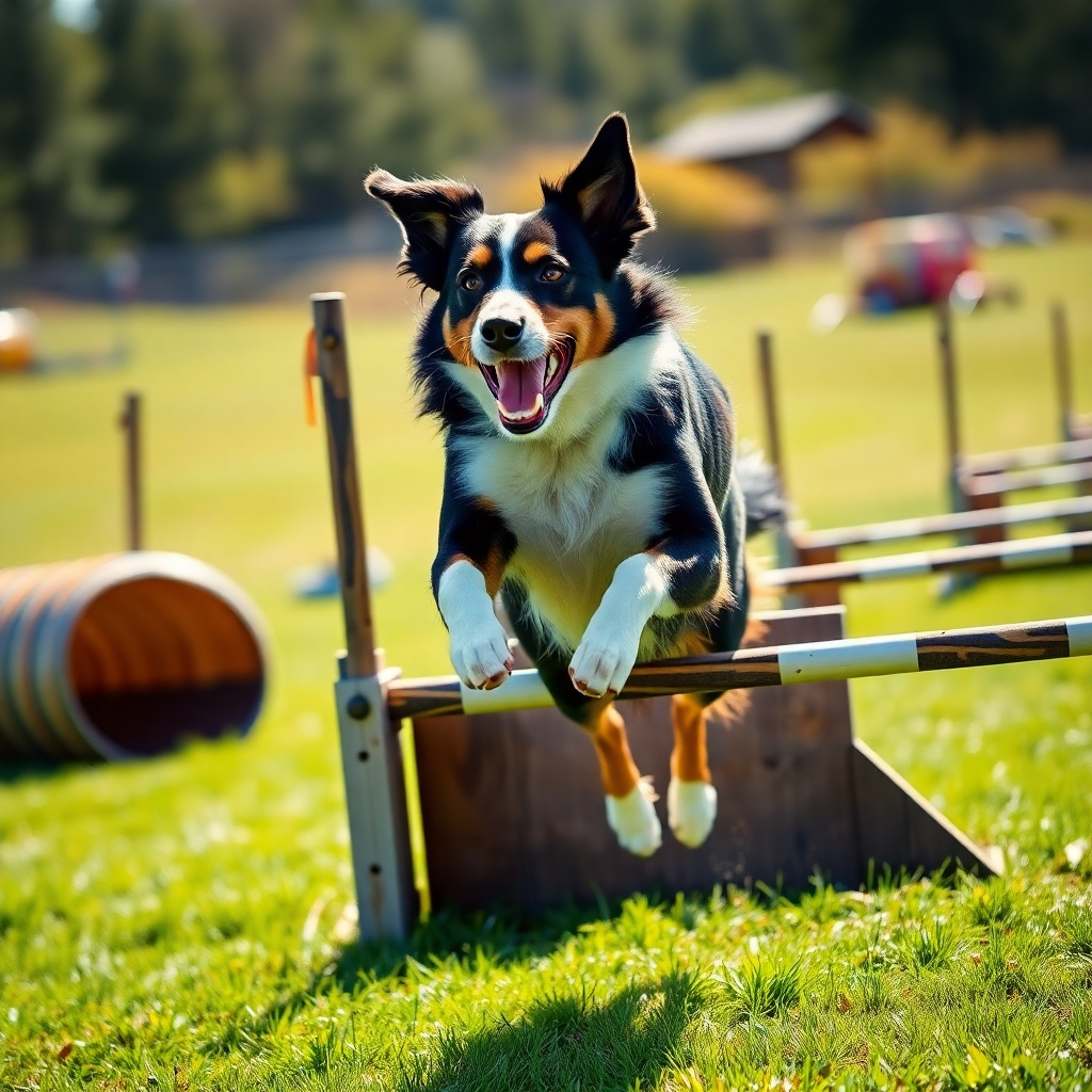 An ultra-high definition, 8k resolution image, in the style of a National Geographic photo. A border collie races through an agility course outdoors in bright sunlight.  Dramatic side lighting accentuates the muscles of the dog in motion. Vibrant colors, emphasizing the greens of the course and the dog's coat.  The camera captures the dog mid-jump, navigating an obstacle with dynamic movement. The background is an outdoor agility course with various obstacles like tunnels, jumps, and weave poles. The textures should be detailed: the slightly wet grass, the rough texture of the wooden obstacles.  The focus is sharp on the dog. The image should exude energy, speed, and athleticism. The overall mood is one of excitement and accomplishment, capturing the intense focus and athleticism of the dog. The image needs to show extreme detail of the dog's musculature and fur.