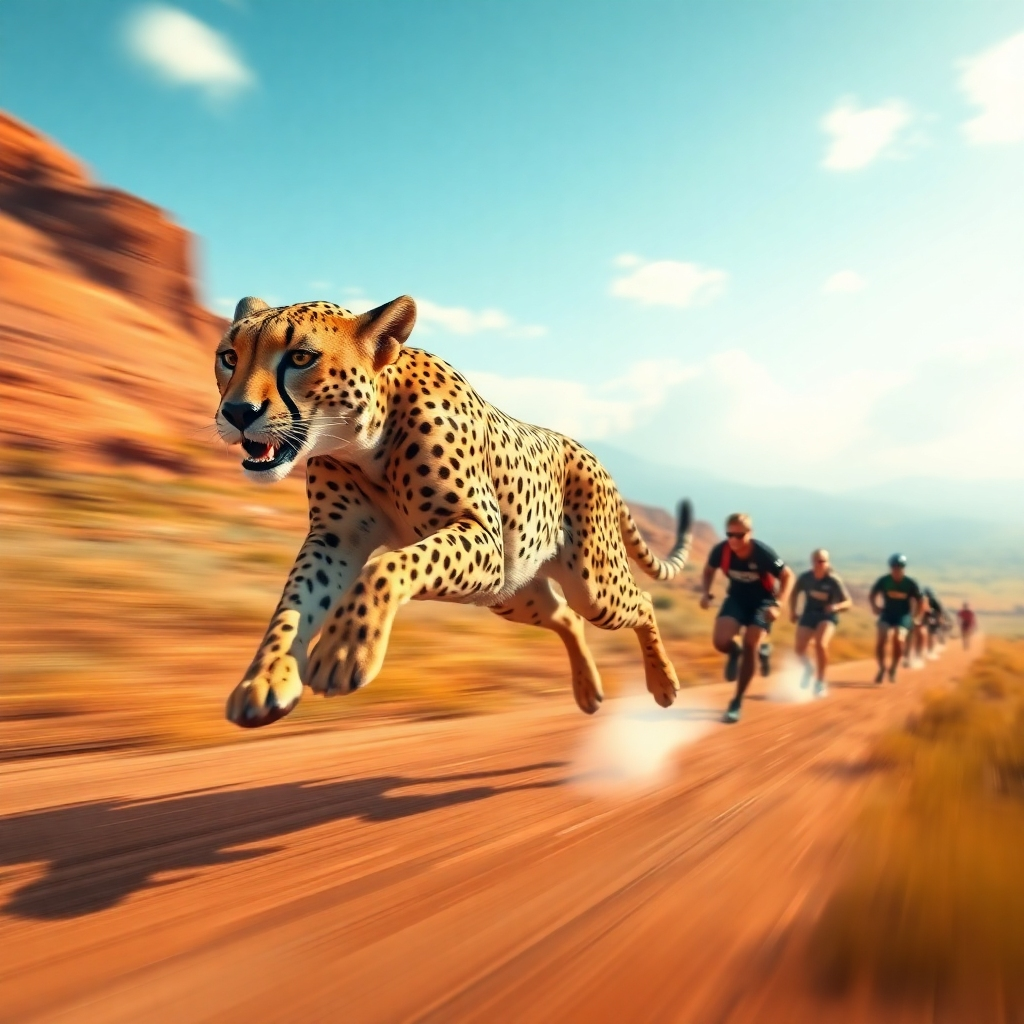 A cheetah racing ahead of a pack of competitors, representing a business outpacing its rivals through AI adoption. The cheetah is sleek and powerful, symbolizing AI's transformative capabilities. The background is a dynamic landscape with blurred competitors. Use a color palette of vibrant oranges and yellows to convey speed and competitiveness. 4K resolution, high quality.