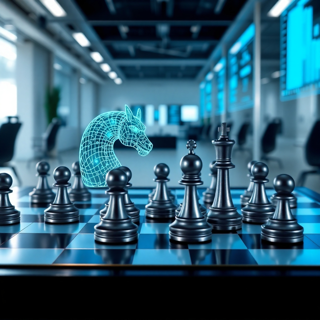A chessboard with AI algorithms strategically positioning pieces, representing a competitive edge. The background is a modern office environment with data visualizations. Use a color palette of blues and silvers to convey intelligence and strategy. 4K resolution, high quality.