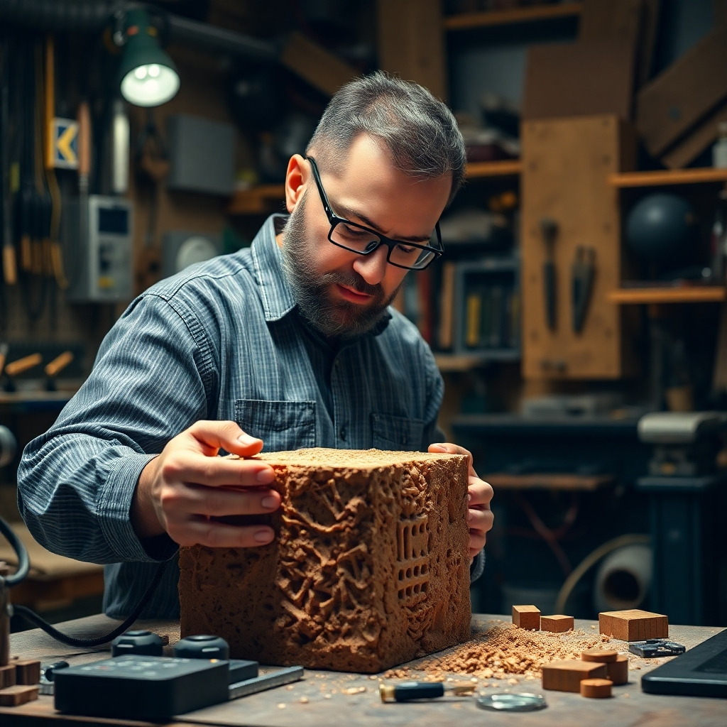 A craftsman meticulously sculpting a block of raw data into a polished and personalized AI solution. The craftsman is using advanced digital tools to shape the data. The background is a workshop environment with various AI tools and components. Use a color palette of warm golds and browns to convey craftsmanship and personalization. 4K resolution, high quality.
