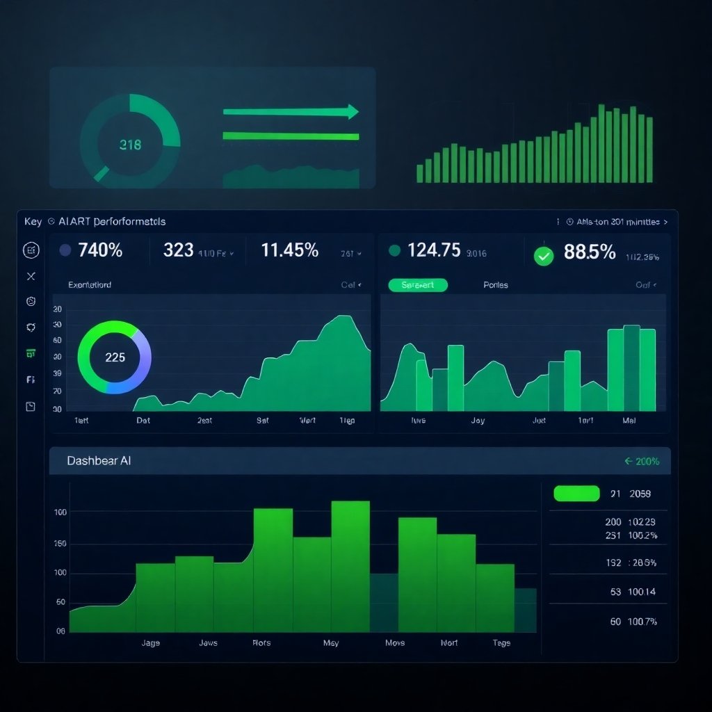 A dashboard displaying key AI performance metrics, allowing for real-time monitoring and optimization. The dashboard is visually appealing and easy to understand. Use a color palette of greens and blues to convey efficiency and performance. 4K resolution, high quality.
