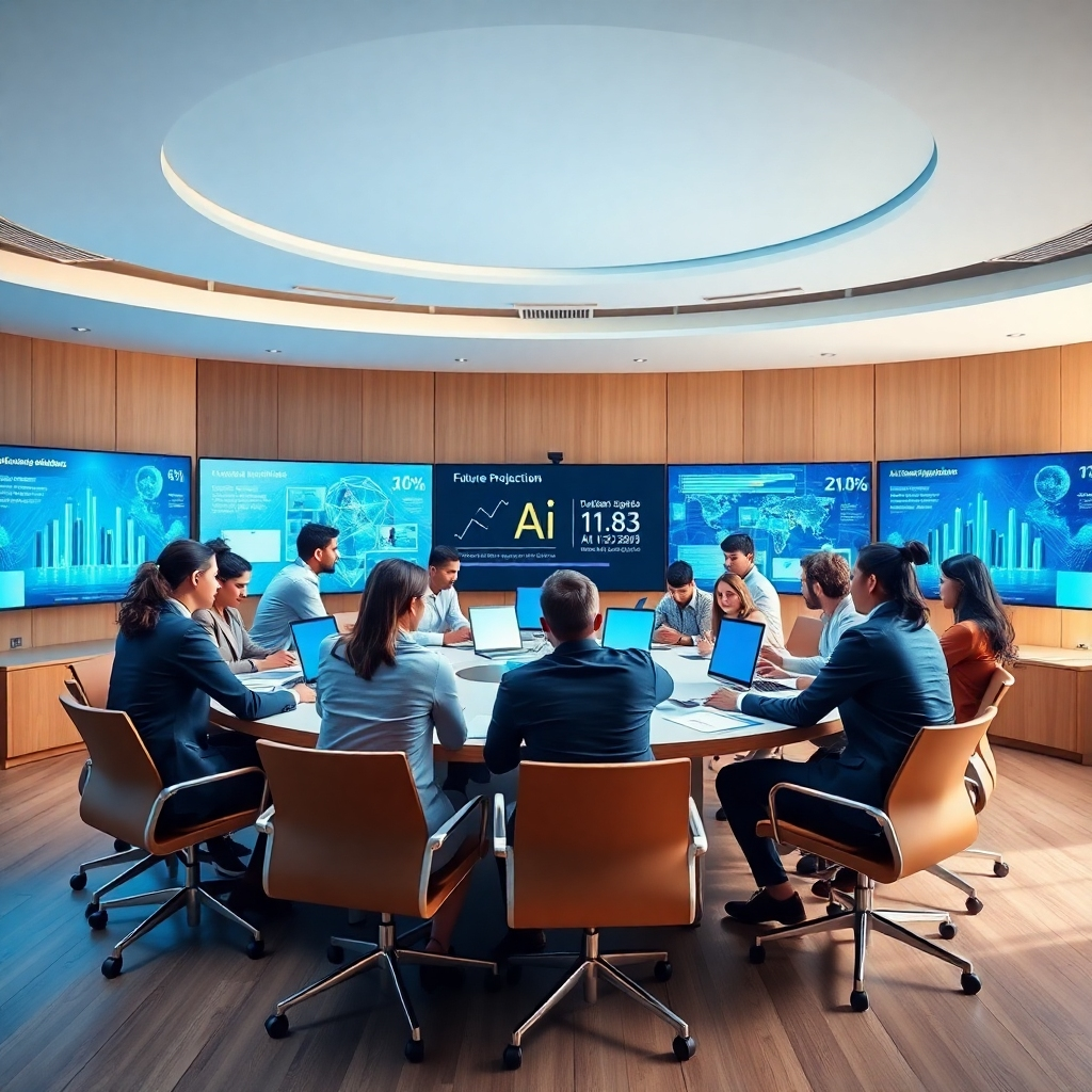 A dynamic image of a large meeting room filled with diverse professionals brainstorming around a table. Large screens in the background display AI-driven business insights and future projections. The ambiance is vibrant with bright lighting, a palette of light blues and whites, and a modern round table design. The texture of the space combines wood and glass, exuding professionalism. The camera angle captures the enthusiasm of the group huddled over screens, emphasizing collaboration. Technical specs should be high quality, with 4K resolution to highlight details.