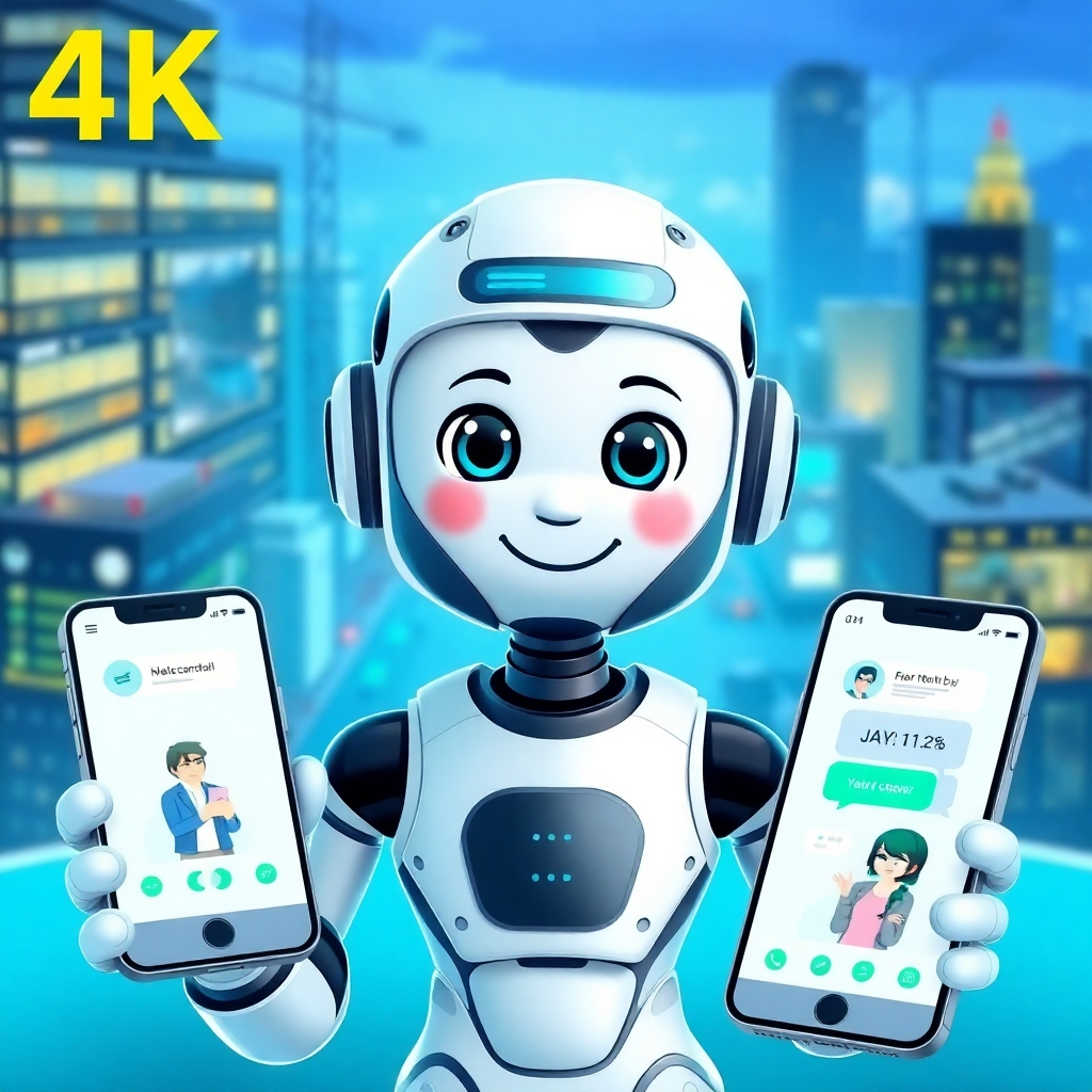 A friendly and approachable AI chatbot avatar interacting with customers on various devices. The background is a dynamic cityscape, representing 24/7 availability. Use a color palette of blues and greens to convey trust and reliability. 4K resolution, high quality.
