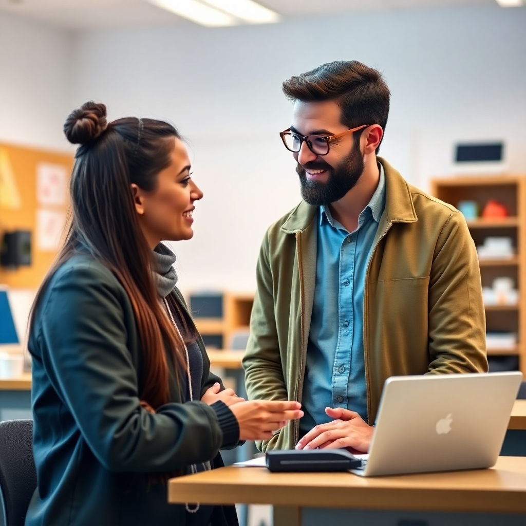 A mentor guiding a student through the complexities of AI, represented by a knowledgeable expert sharing insights and best practices. The background is a classroom setting with AI tools and resources. Use a color palette of warm and inviting colors to convey mentorship and guidance. 4K resolution, high quality.