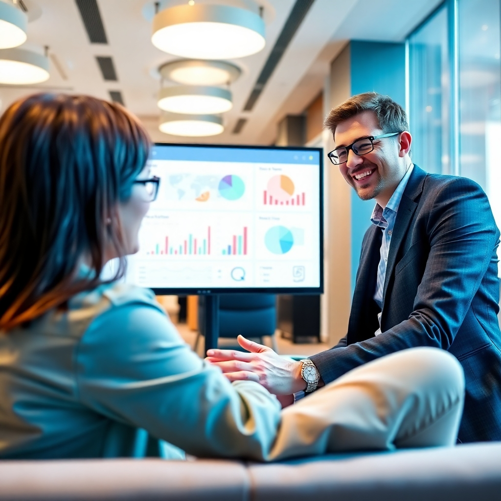 A photorealistic image of a consultant presenting an AI strategy on a digital interface in a modern office. The focus is on a cheerful client engaged in the strategizing process, with clear graphs and insights on the screen. The composition features bright lighting to create an energetic atmosphere with a color palette of inviting colors like greens and soft grays. The camera angle is dynamic, showcasing interaction and engagement from both parties. The environment includes high-tech decor and comfortable seating, ensuring a warm experience. High quality, 4K resolution.