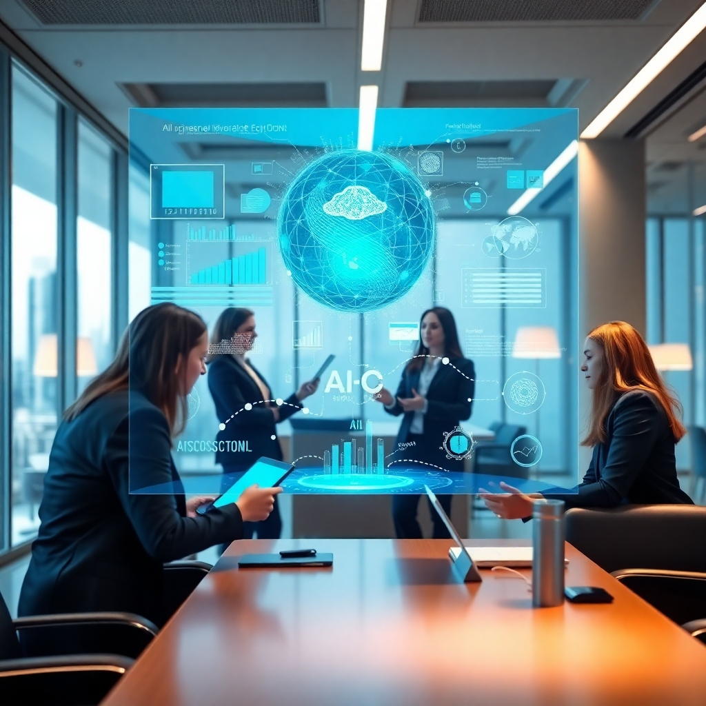 A photorealistic, ultra-high quality image depicting a modern office environment. In the foreground, a holographic display showcases complex data visualizations and AI algorithms, seamlessly integrated with the workspace. Business professionals are collaborating, using AI insights to drive strategic decisions. The lighting is soft and ambient, highlighting the technological elements with a futuristic yet inviting color palette of blues, greens, and silvers. Camera angle: a slightly low angle to emphasize the scale and impact of the AI technology. Texture details: the sleek surfaces of the holographic display, the subtle reflections on the office furniture, and the natural textures of the professionals' attire. Environment: a bright, open office with large windows overlooking a cityscape. Props: Tablets, smart boards, and stylish office equipment. Style: Blending the sleekness of modern technology with the warmth of human interaction. 8K resolution, hyperrealistic.