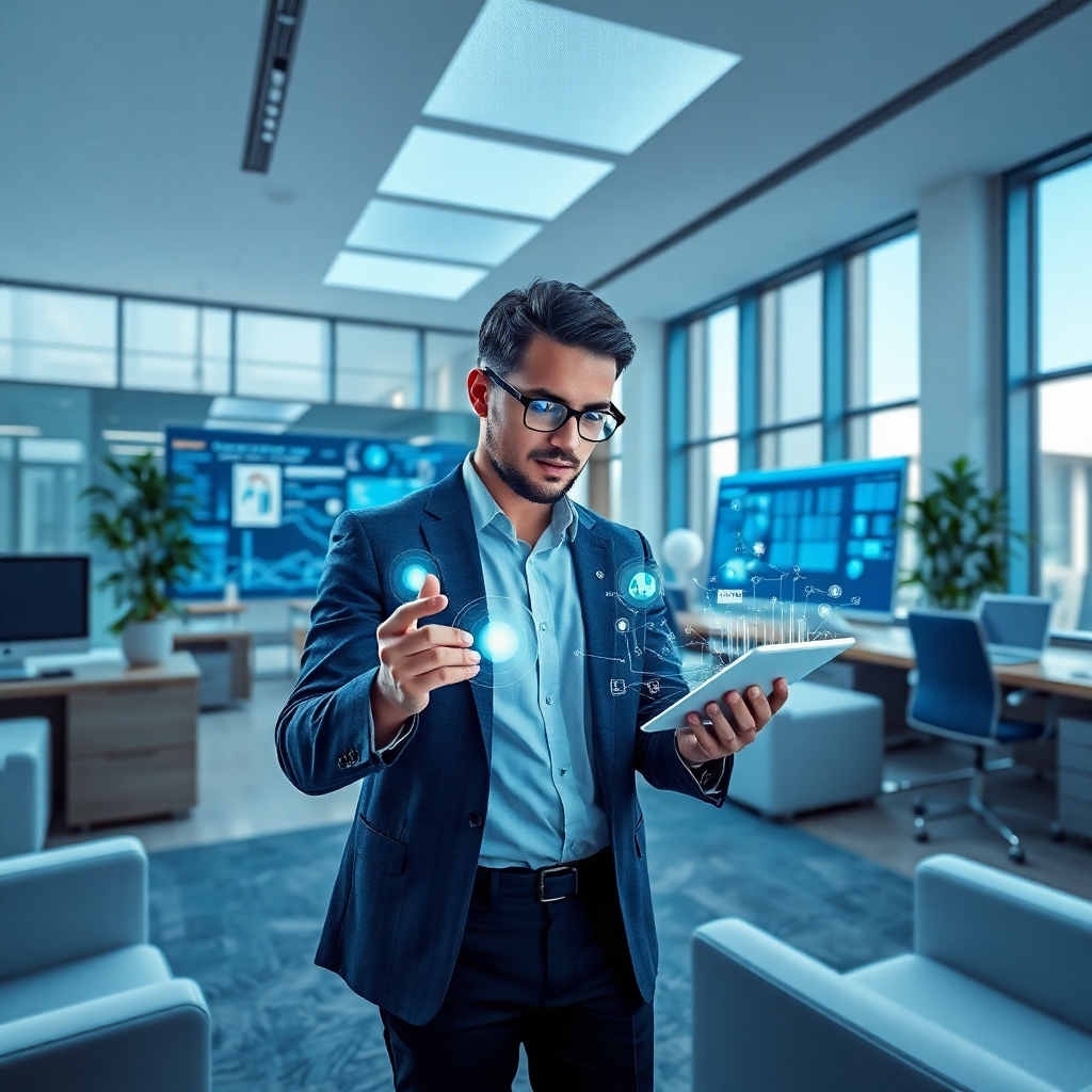 A photorealistic visualization of an office space integrated with AI technology. The image showcases a professional engaging with a smart device; holographic data projects from it. The setting is sleek with modern furnishings and tech elements in a soothing color palette of blues and white. The lighting conditions are bright and future-focused, natural light coming through large windows. Relevant props include smartboards and IoT devices reflecting seamless technology integration. The camera angle is eye-level for an inclusive perspective. Quality should be in 4K resolution to capture details sharply.