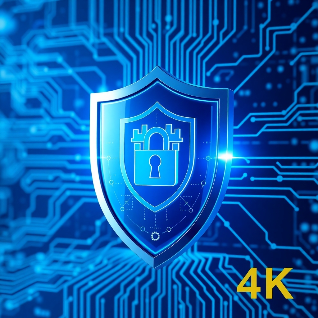 A shield protecting data from cyber threats, represented by a digital fortress with strong security protocols. The shield is glowing with a protective light. Use a color palette of blues and silvers to convey security and trust. 4K resolution, high quality.