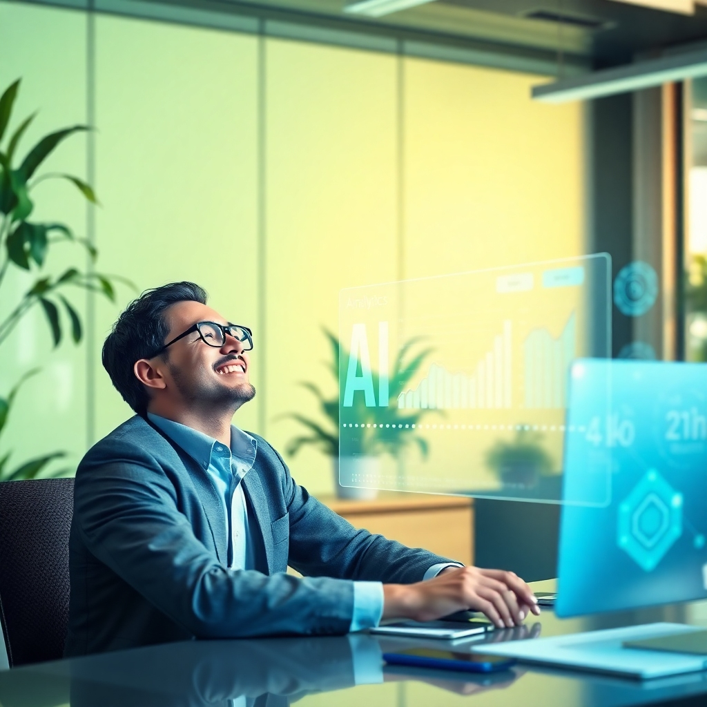 A stylized, photorealistic image showing a business professional looking relieved while working at a desk with advanced AI tools around. The focus is on a holographic display showcasing AI data analytics, with a calm color palette of greens and blues to symbolize progress. The lighting is bright, symbolizing a new dawn of business efficiency. The environment reflects a futuristic office setting, integrating plants and natural elements with technology. The camera angle captures both the individual and the AI interface, emphasizing their interaction. High quality, 4K resolution ensures a sharp visual representation.