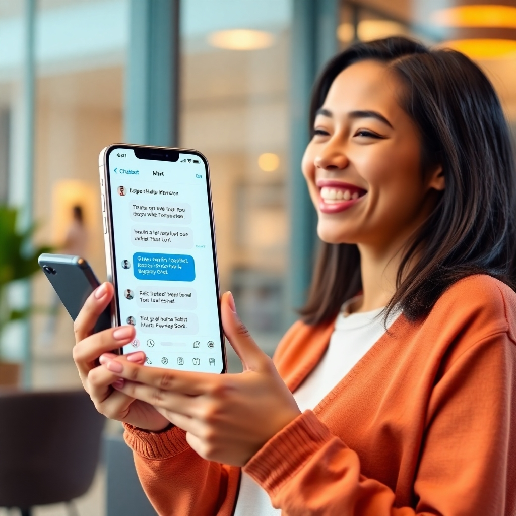 A user smiling while interacting with an AI chatbot on their mobile device. The chatbot is providing helpful and relevant information. The background is a modern and stylish environment. Use a color palette of warm and inviting colors to convey a positive user experience. 4K resolution, high quality.
