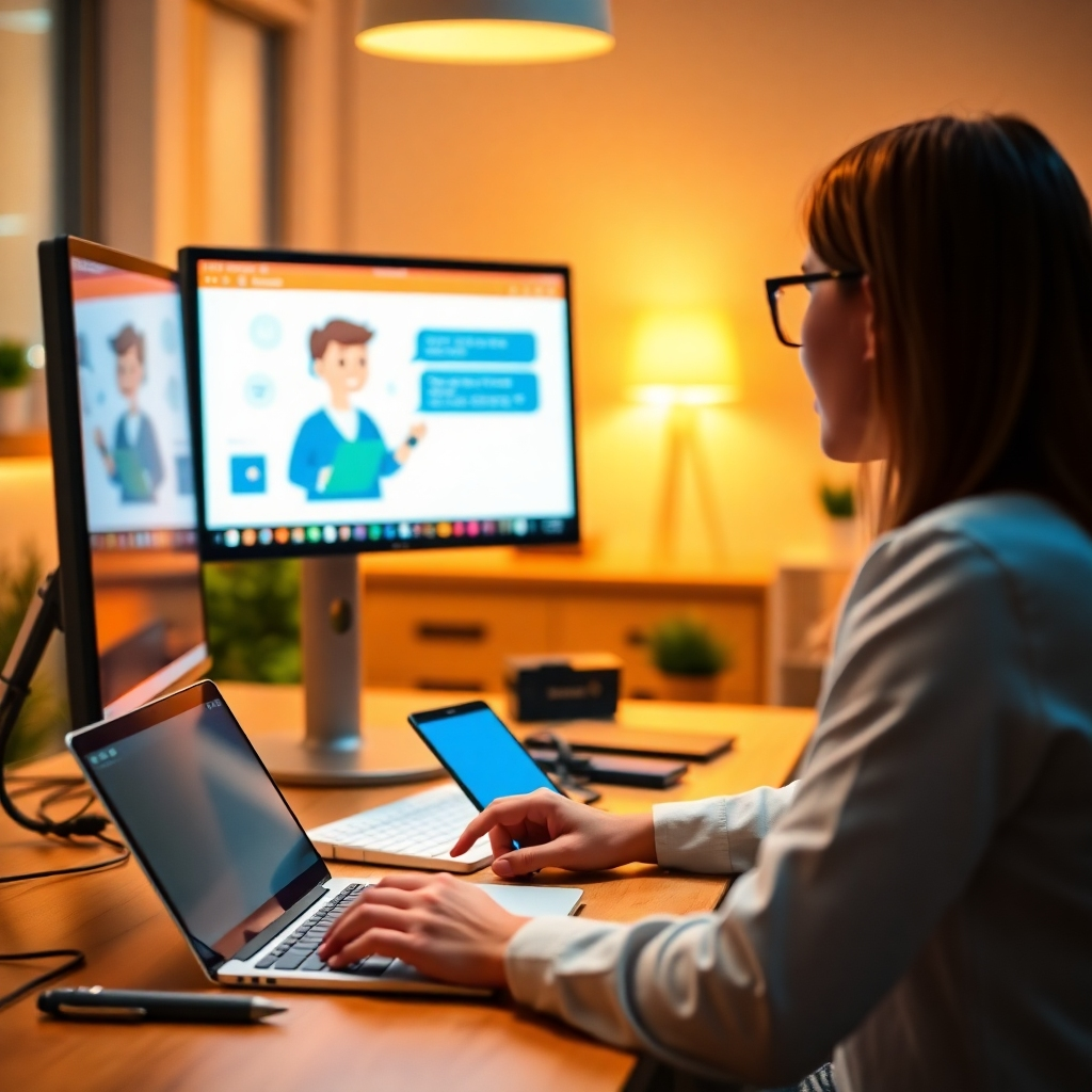 A vibrant image demonstrating a conversation between a customer and a chatbot interface visible on a computer screen. The chatbot interface features friendly animations and a clean design. Warm and welcoming lighting fills the space, with a color palette of bright whites and blues creating a tech-savvy vibe. Relevant props include personal devices and business software around the consultant. The camera angle draws focus on the engagement of the customer with the bot, showcasing immediate responsiveness. Technical specs should be high quality, in 4K resolution to highlight colors and movements.