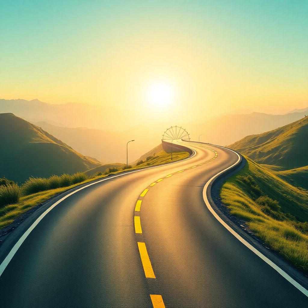 A winding road leading towards a bright and prosperous future, representing a roadmap to success. AI milestones and objectives are displayed along the road. The background is a futuristic landscape with advanced technologies. Use a color palette of greens and golds to convey growth and prosperity. 4K resolution, high quality.