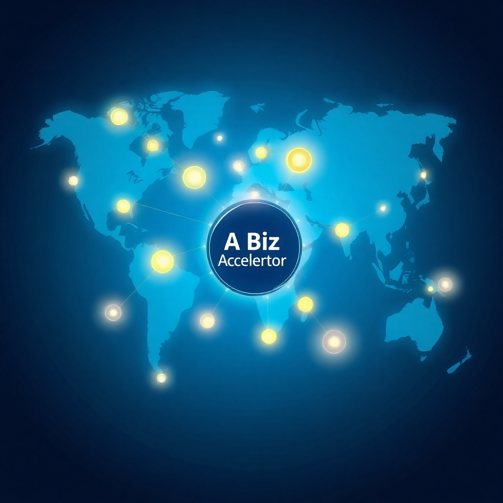 A world map with interconnected nodes representing businesses around the globe. Each node is linked to a central hub representing AI Biz Accelerator. The connections glow with a vibrant light, symbolizing the exchange of knowledge and expertise. The background is a deep blue, representing the global reach. Use a color palette of blues, greens, and golds to convey trust and expertise. 4K resolution, high quality.