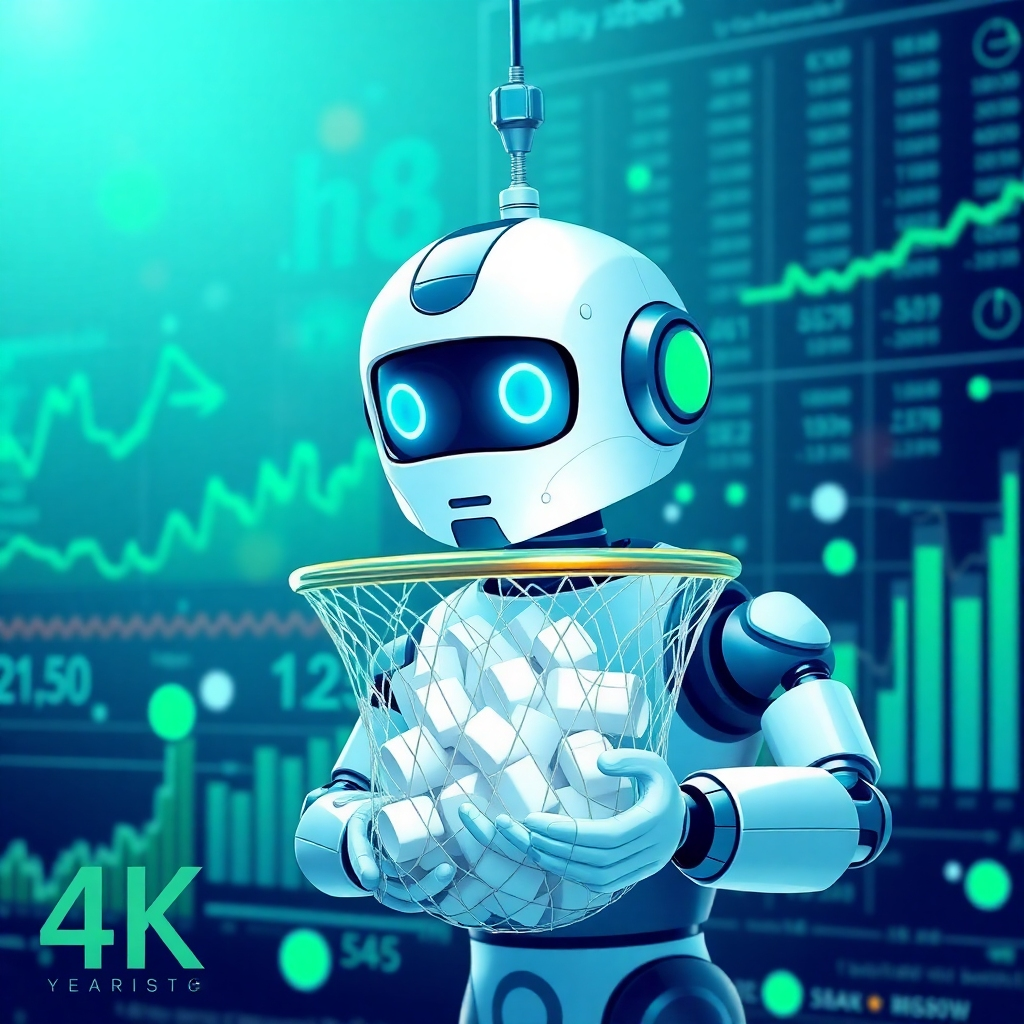 An AI chatbot capturing leads like a net, funneling potential customers into a sales pipeline. The background is a data-rich environment with sales metrics and charts. Use a color palette of greens and blues to convey growth and success. 4K resolution, high quality.